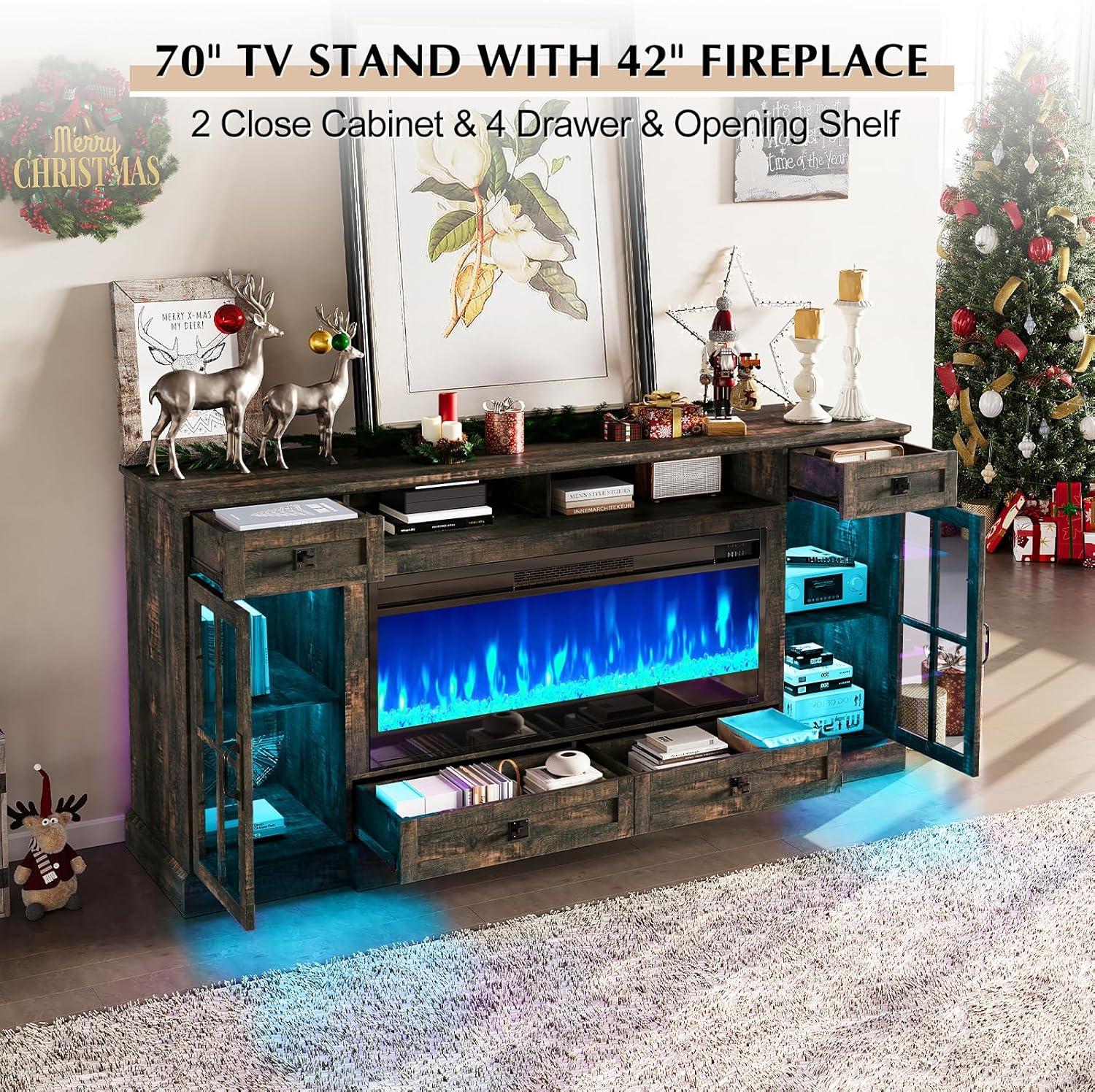70" Farmhouse Fireplace TV Stand with 42" Large Fireplace, Bright Glass Doors with 7colors LED Lights, Entertainment Center with Storage Drawers & Cabinets for TVs up to 80", Dark Oak Wood