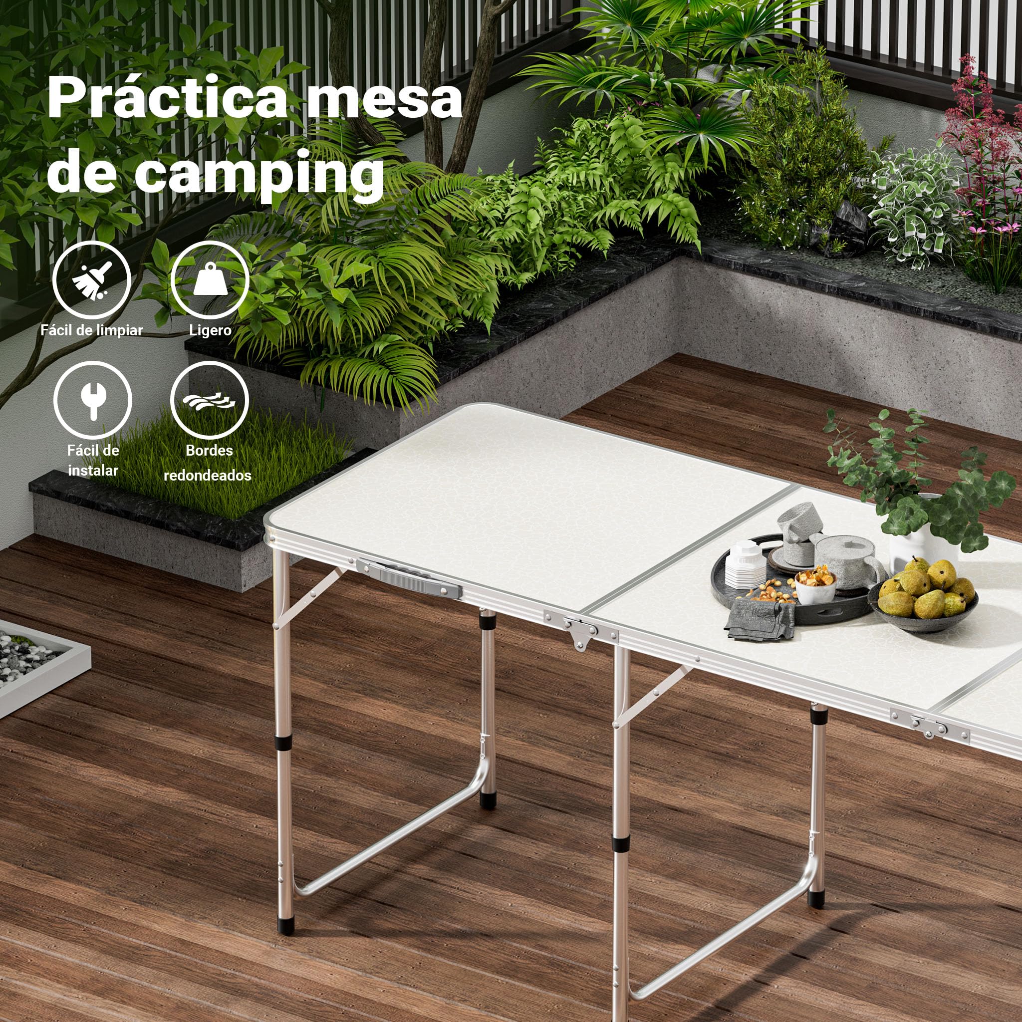 Mesa de Camping Plegable 180x60x70cm Ajustable en Altura 55/62/70cm portátil Multifuncional