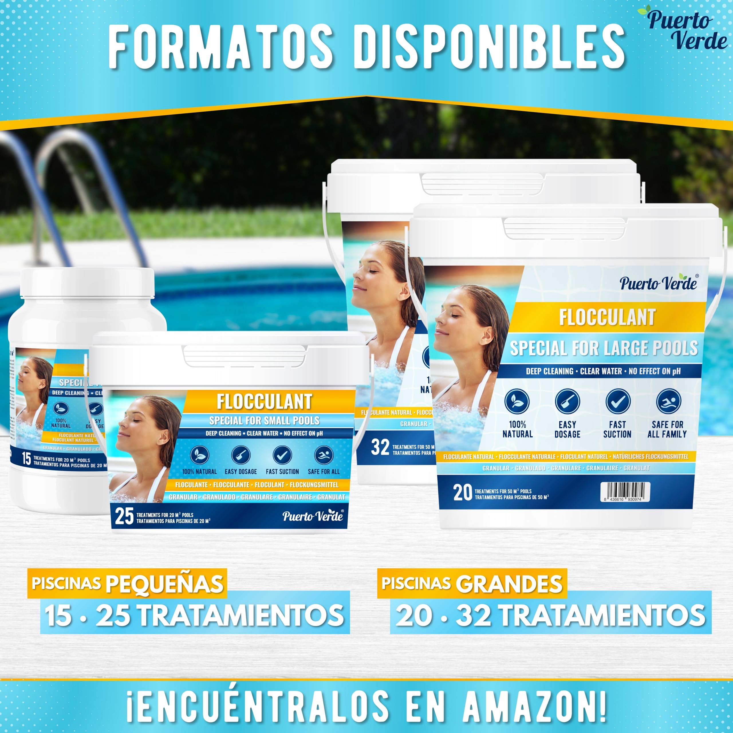 Floculante Natural 64 Tratamientos. Clarificante para Piscinas Grandes. | Apto para Spas e Hidromasajes. Eliminador de Turbidez para Agua Cristalina. Formato Gránulo de Uso Seguro. Producto Español.