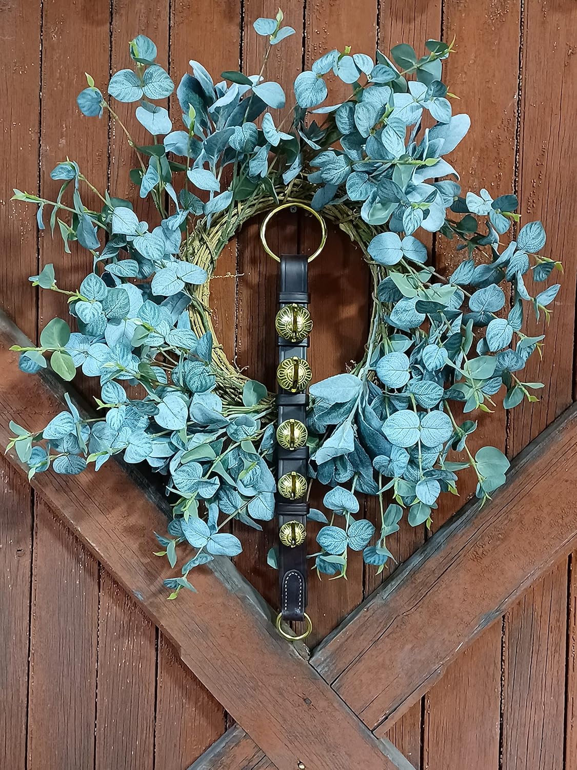 Shopkeepers' Brown Leather Door Hanger Jingle Sleigh Bells for Christmas Decor (16.5" Leather Strap, 5 Solid Brass Bell)