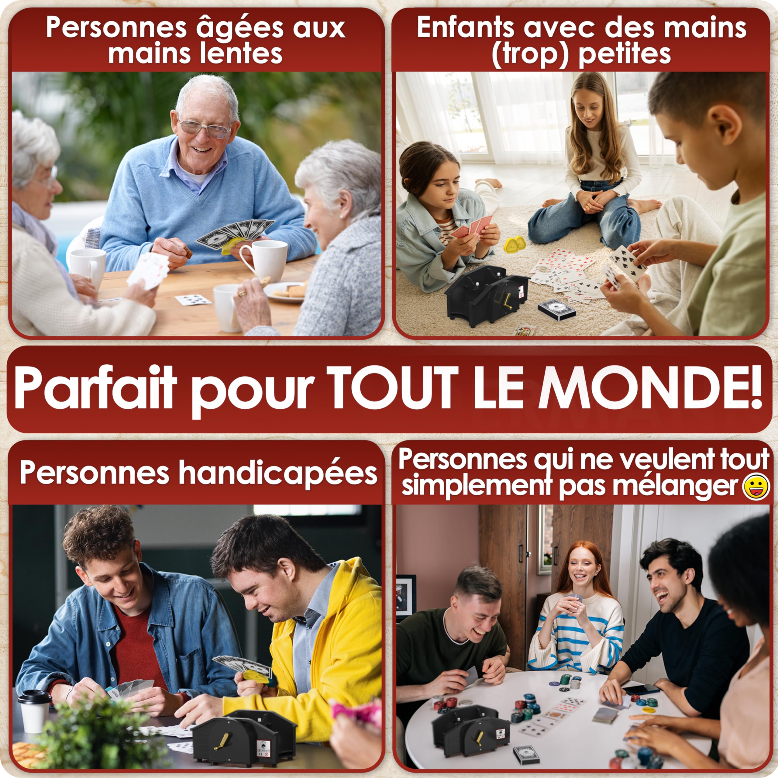 WEIDEBACH® Mélangeur de Cartes Noir avec Manivelle Dorée pour Jeux Standard, 2 Jeux & Manivelle de Rechange, Appareil de Mélange avec Li