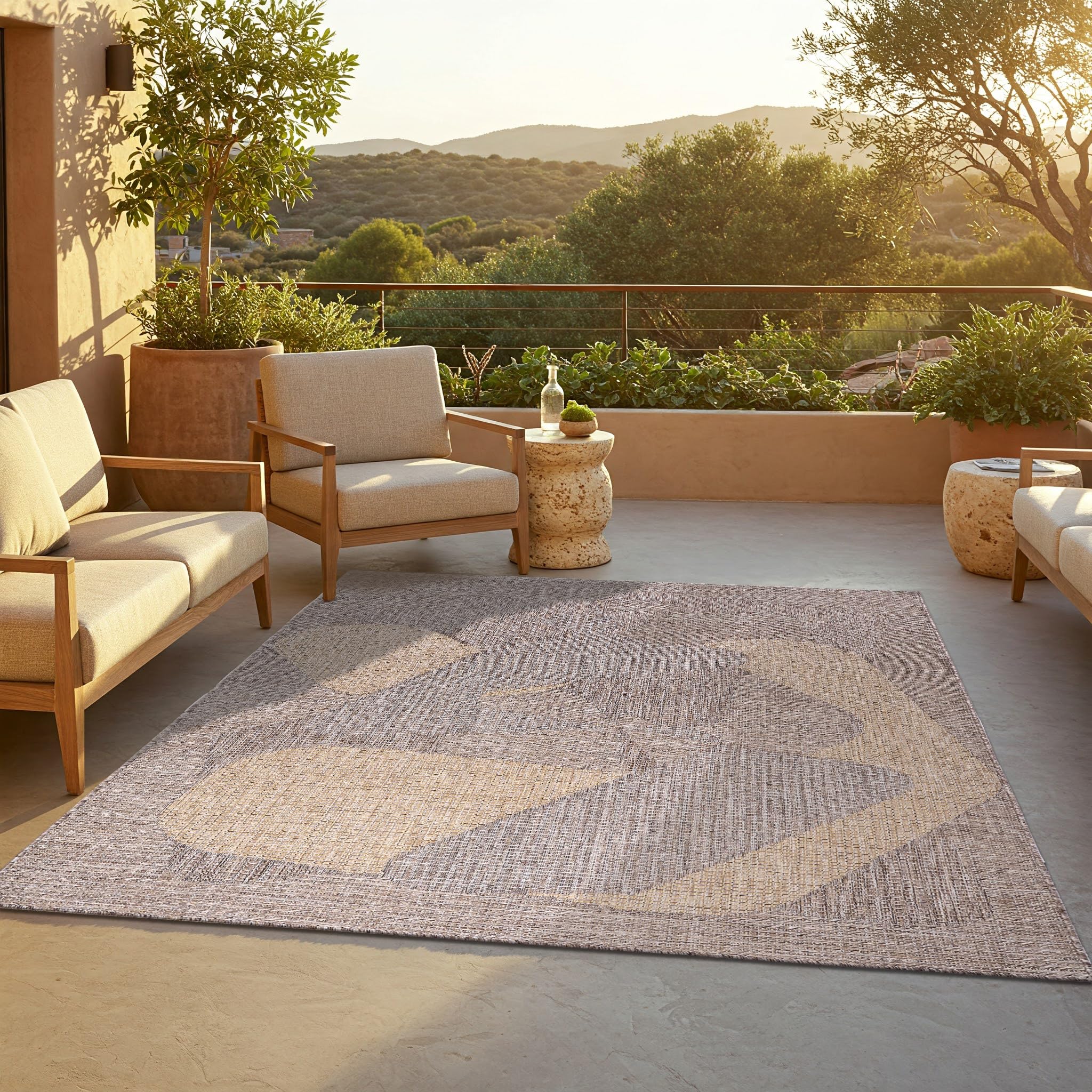 TAPISO Yucana Tapis d'Extérieur Tissage Plat Robuste Résistant aux Rayons UV Imperméable Tapis Intérieur & Extérieur Balcon Terrasse Marron Crème Motifs Abstraits Moderne 160 x 230 cm