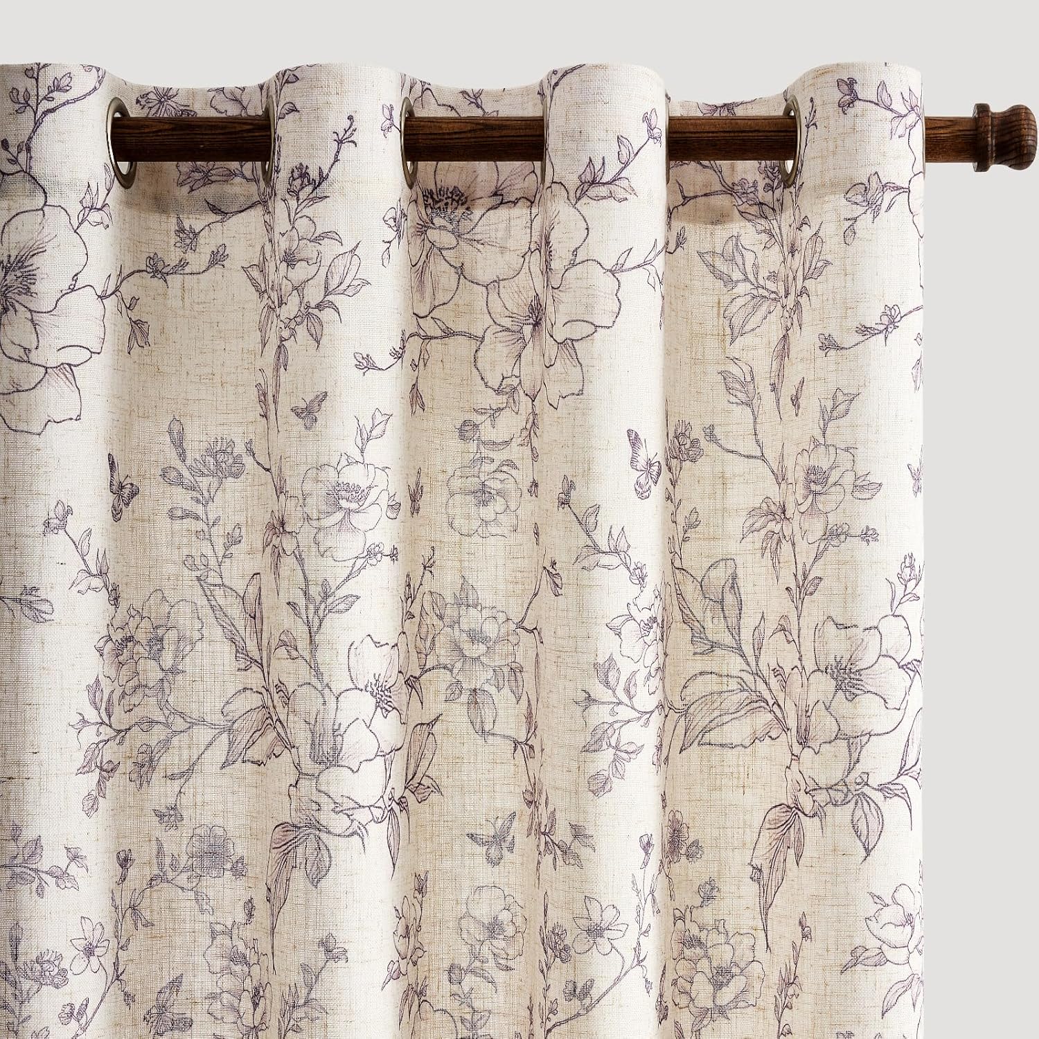 GIGIZAZA Linen Blend Living Room Curtains 96 Inch 2 Panels, Floral Purple Pattern Semi Sheer Curtain Flower Window Drapes Bedroom Light Filtering Elegant Farmhouse Curtains