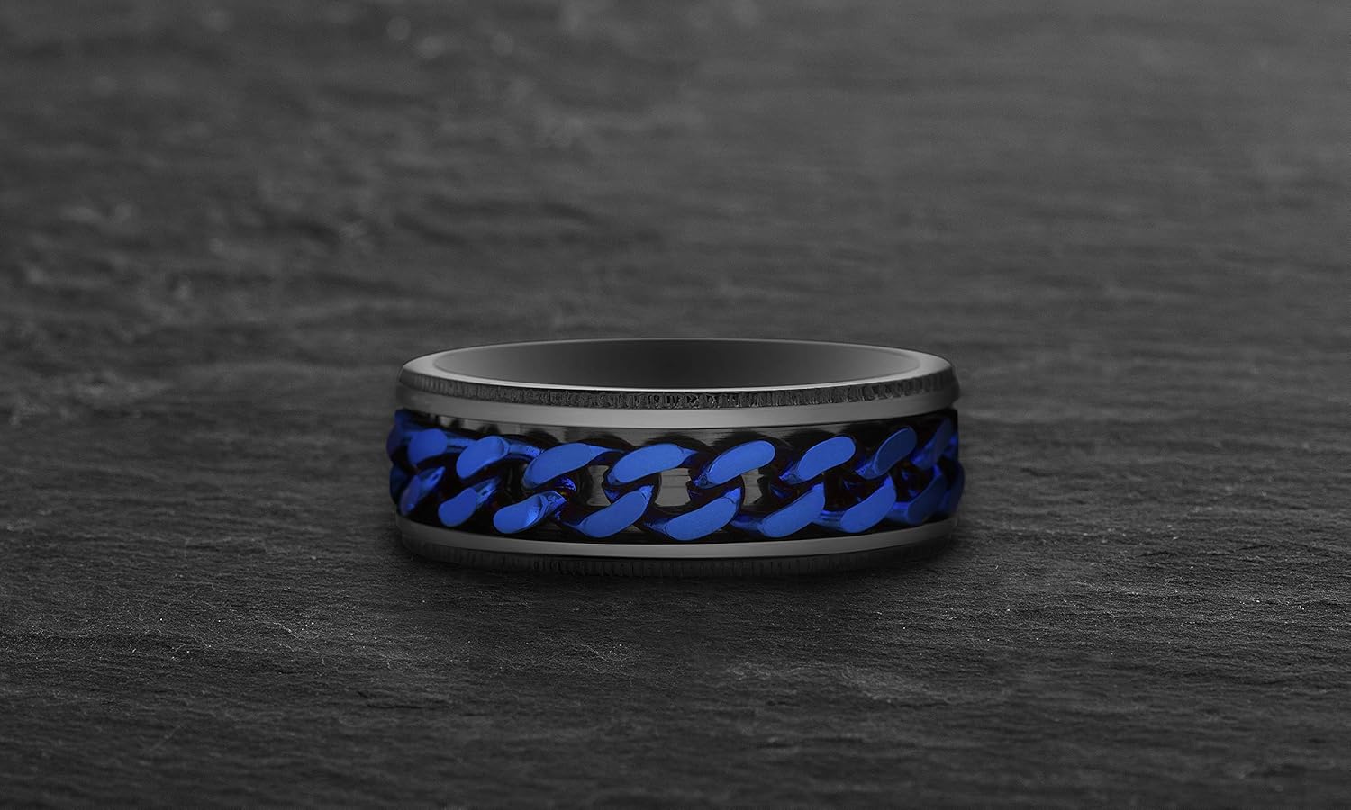 Steve Madden Black IP Stainless Steel Blue Curb Chain Wedding Band Ring for Men | 