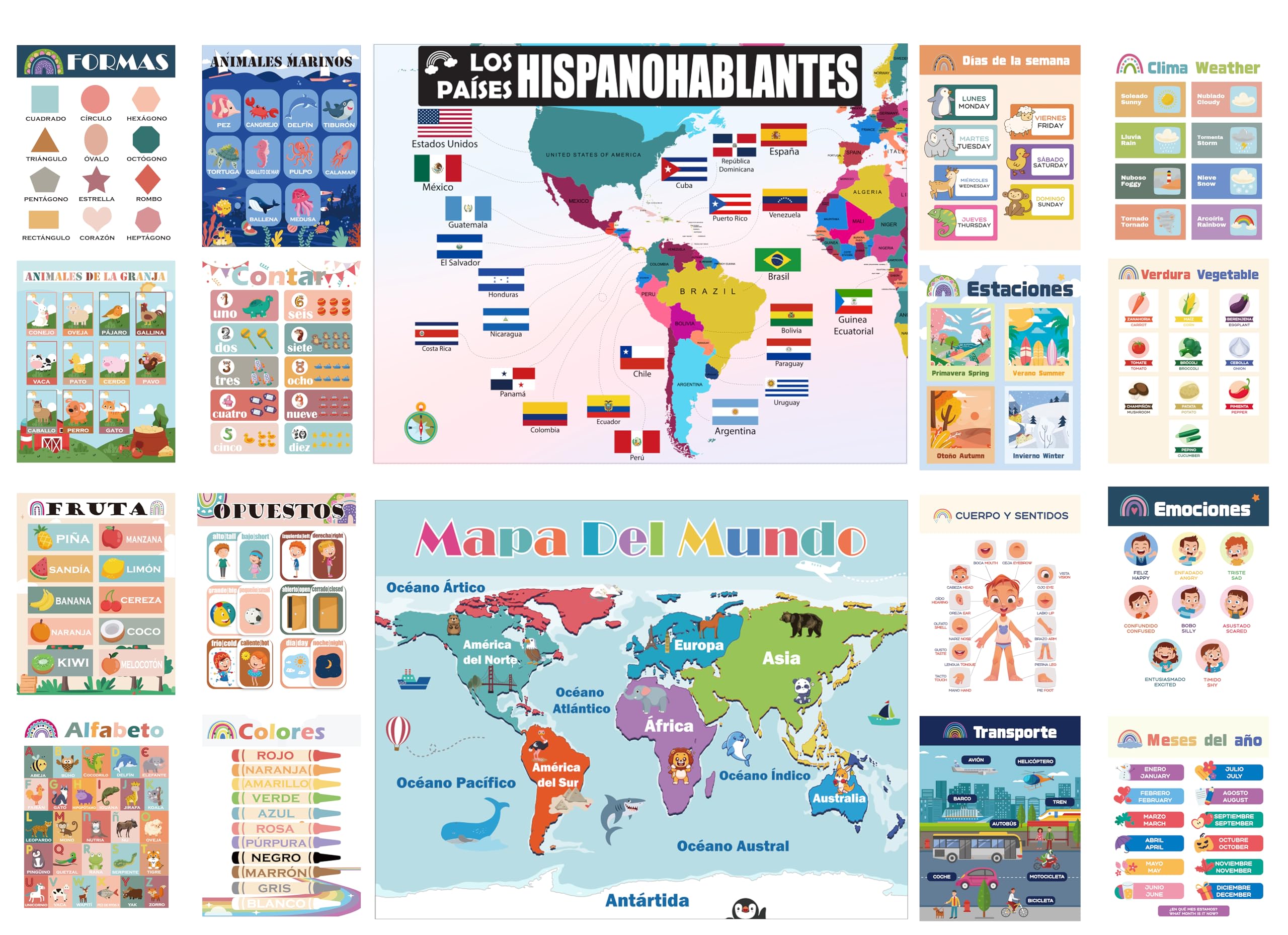 1step2dream 18 Boho Spanish Classroom Posters for Kids | Bilingual Decorations for Elementary Students, Water-Resistant Learning Charts for Bulletin Board Decor