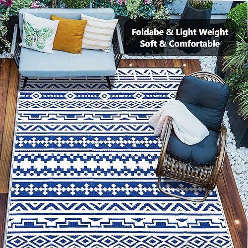 Miniatura 124 de HUGEAR Alfombra impermeable de plástico para exteriores, 5 x 8 pies, lavable, reversible, alfombra a rayas de arco iris, para camping, caravana