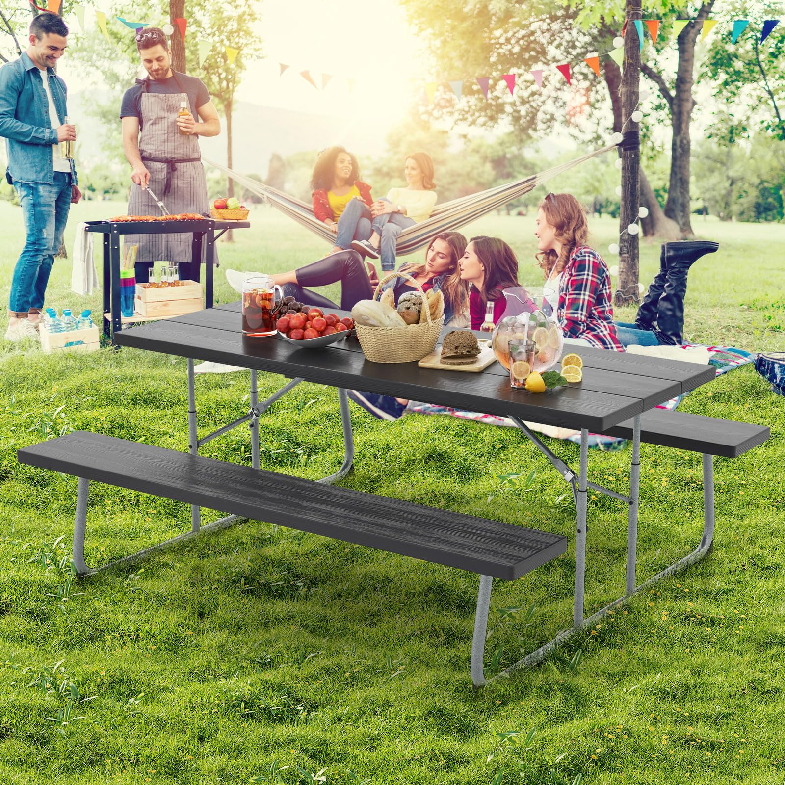 COSTWAY Conjunto de Mesa de Camping con 2 Bancos Plegable, Mesa de Picnic de HEPE para 8 Personas, Orificio para Sombrilla, Mesa y Sillas Jardin Patio Terraza (Negro)