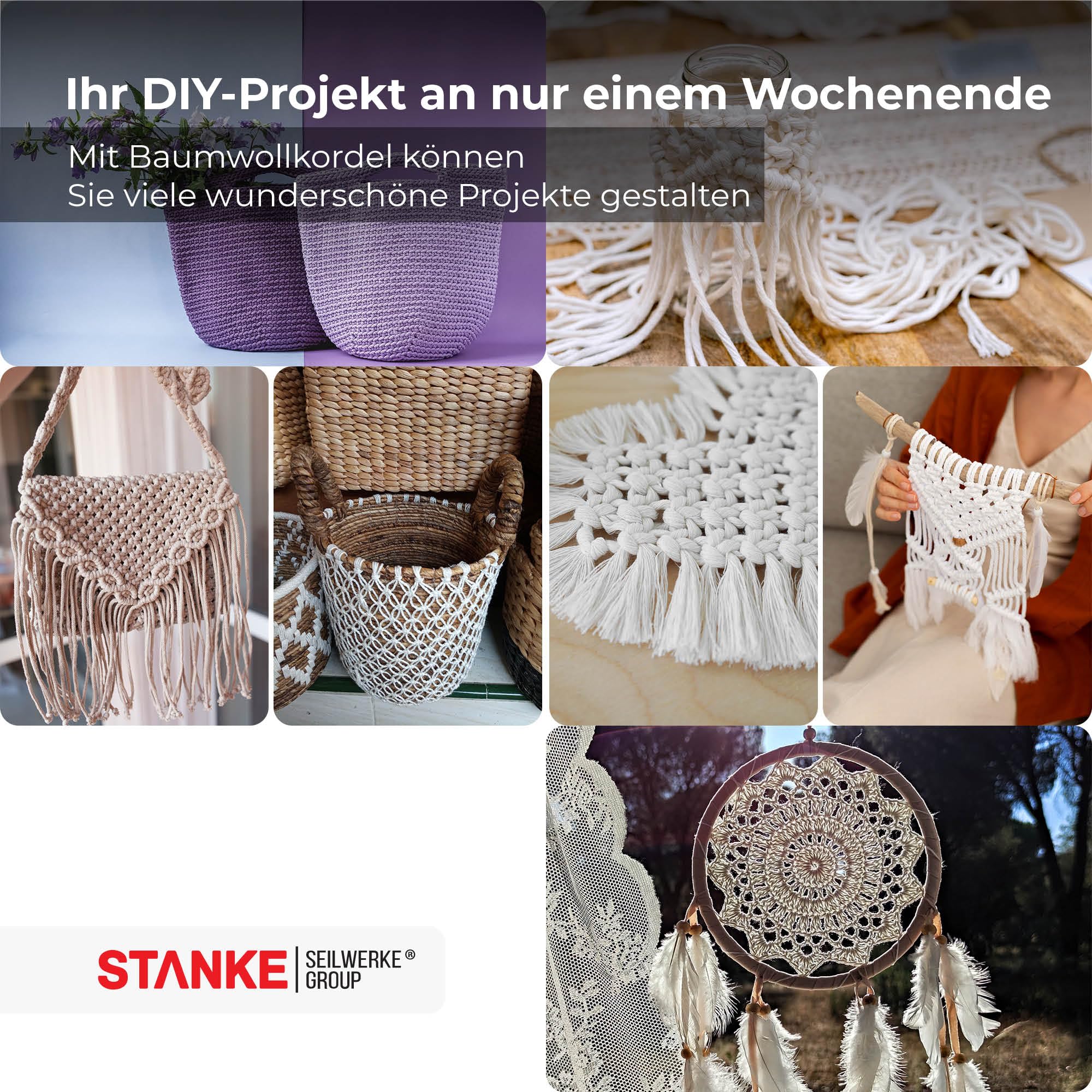STANKE Makramee Garn 3mm Set 3x100 m - Farben: Natur, Grau, Olivgrün - Baumwollgarn für Boho-DIY, Körbchen, Traumfänger - Baumwollkordel für Untersetzer, Taschen - 100% Baumwolle, gedreht, weich