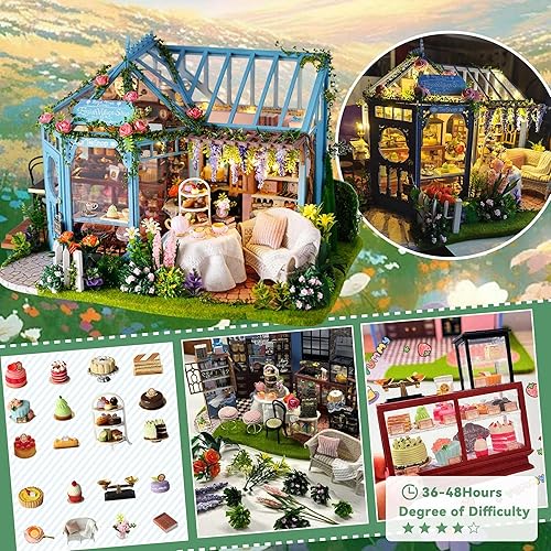 Miniatura 5 de Flever Kit de casa de muñecas en miniatura, habitación creativa con muebles para obras de arte románticas, regalo de casa de té de jardín de rosas