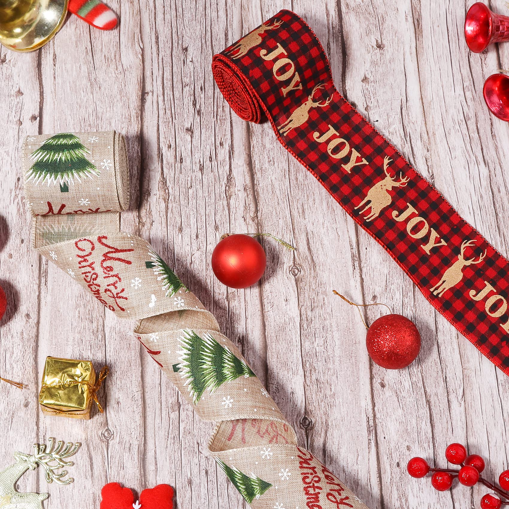 Waydress Burlap Jute Christmas Ribbon - 10 Yards, 2.5 Inch Wide, Red Black Gold Glitter Wired Edge - View #6