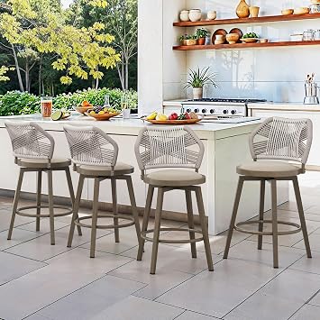 360 Swivel Outdoor Bar Stools Set of 4, Boho Aluminum Wicker Bar Stool with Olefin Rope Curved Backrest and Circular Cushion, Bar Stools for Patio, Garden, Kitchen, Light Apricot