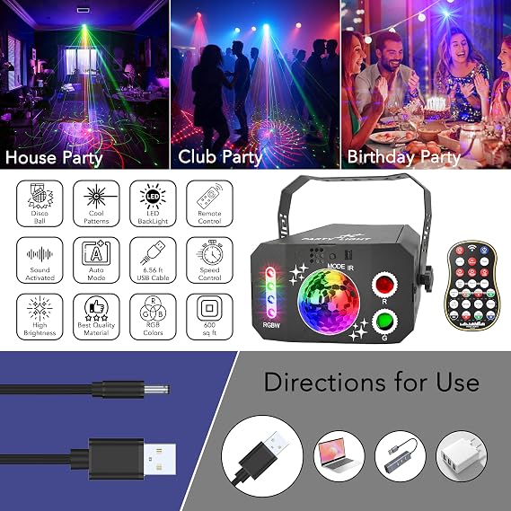 DJ Disco Party Light – Sound Activated RGBW LED Projector with Strobe & Star Ball, Remote Control Stage Lights for Kids, Weddings, Birthdays, Karaoke & Home Parties [Energy Class A+++]