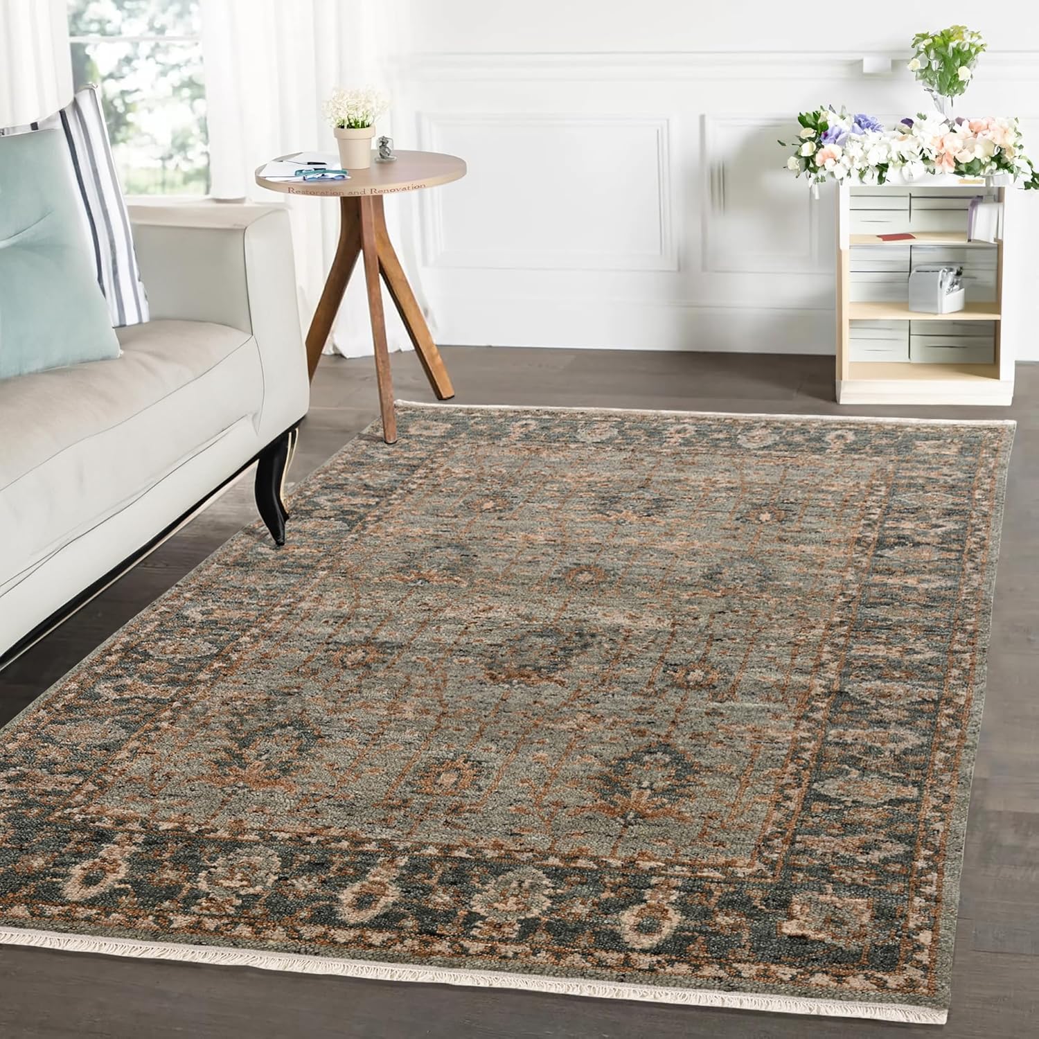 Hand Knotted Wool Oushak Area Rug, Green Copper Heathered Pattern, Traditional Floral Design Carpet for Bedroom, Living Room & Dining Room (Green Copper, 12' x 15')