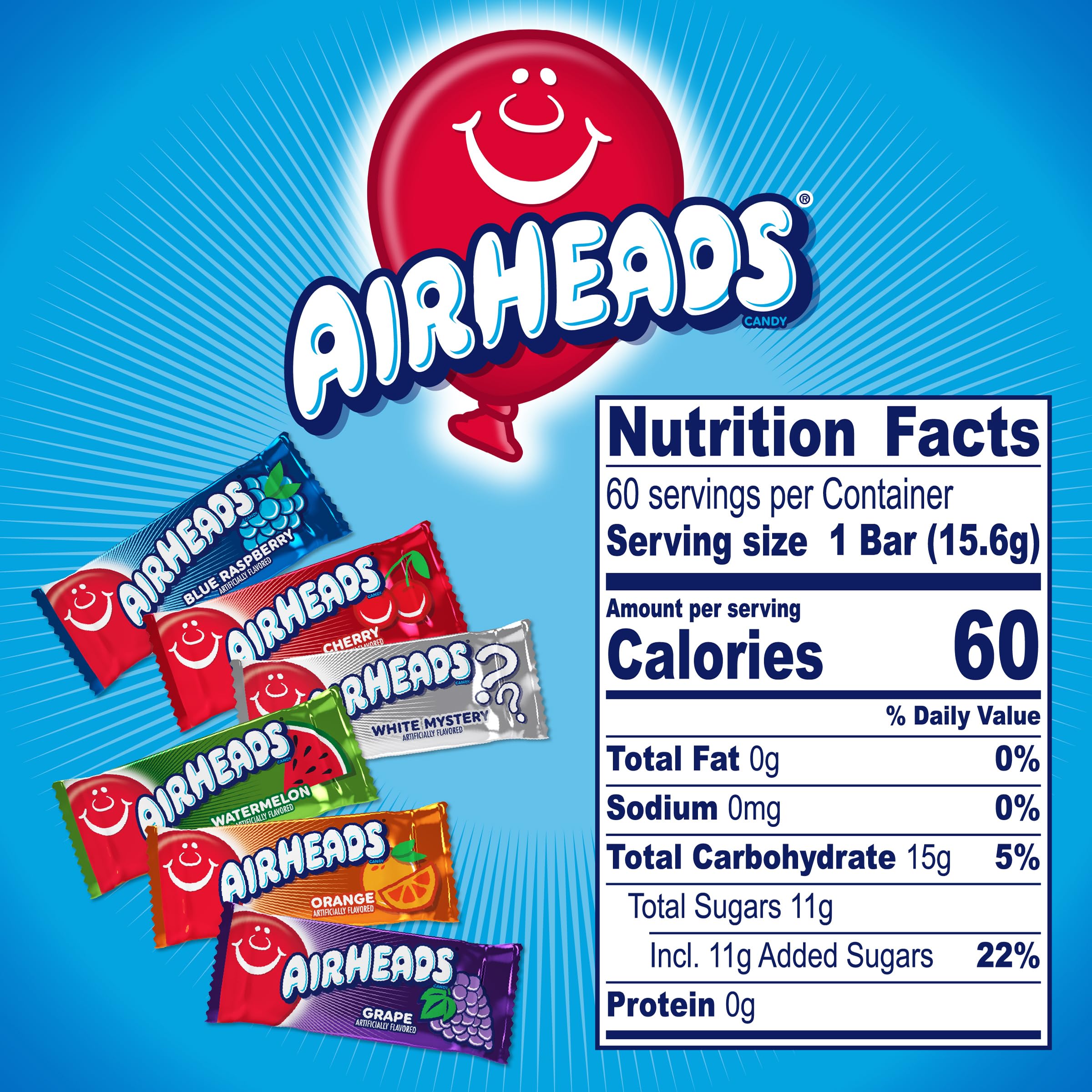 Airheads Candy Bars, Variety Bulk Box, Chewy Full Size Fruit Taffy, Gifts, Holiday, Parties, Concessions, Pantry, Non-Melting, Party, 60 Individually Wrapped Full Size Bars (Pack of 2)