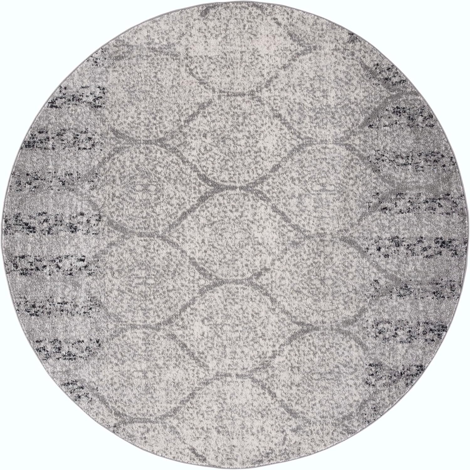 SAFAVIEH Madison Collection Area Rug - 5'3" Round, Grey & Ivory, Glam Ogee Trellis Distressed Design, Non-Shedding & Easy Care, Ideal for High Traffic Areas in Living Room, Bedroom (MAD604F)