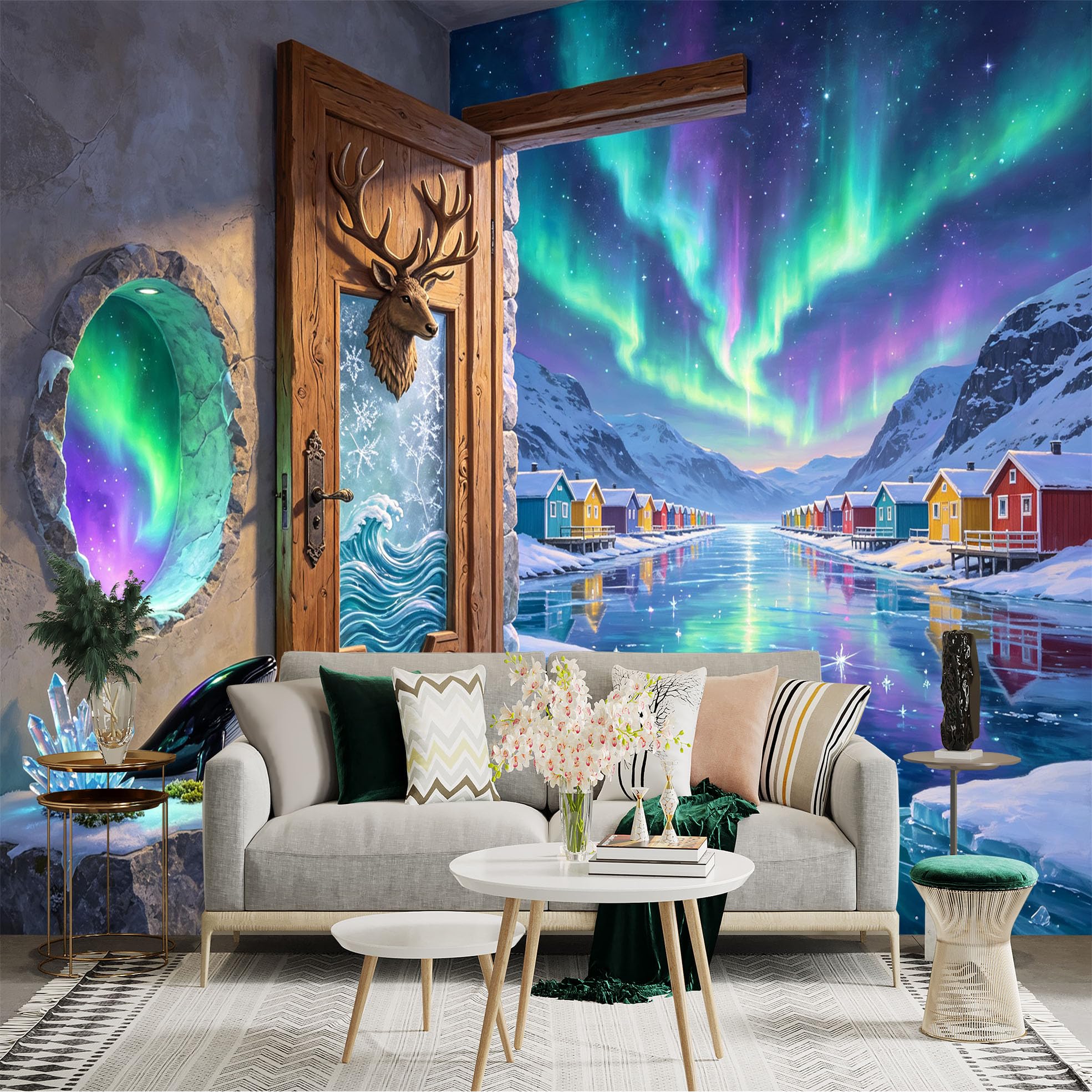 Custom Size Wall Sticker Mural， Aurora Borealis Frozen Lake Snowy Village Fantasy Door， for wall Decoration， peelandstick wall Decals.