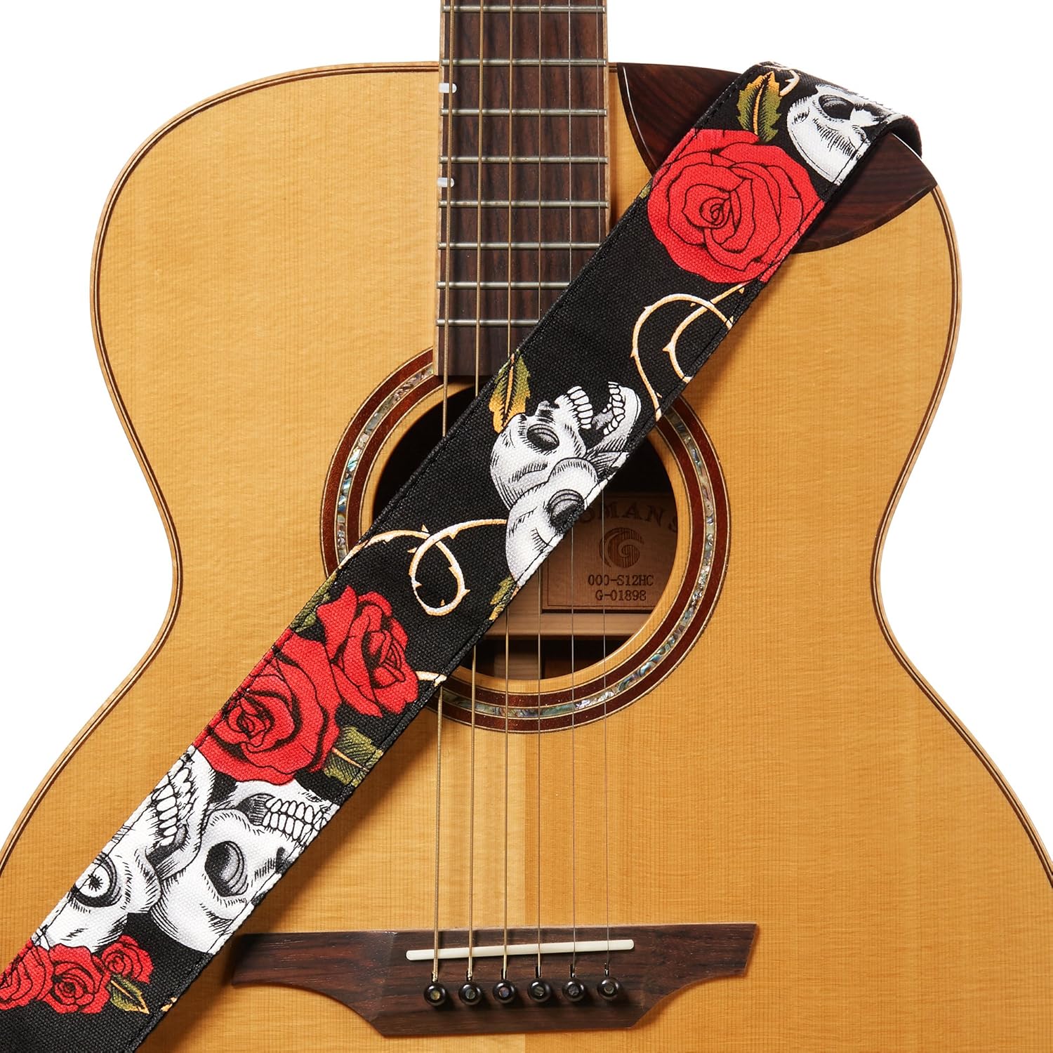 Amumu Skull Rose Guitar Strap Red Denim for Acoustic, Electric and Bass Guitars with Strap Blocks & Headstock Strap Tie - 2" Wide : Musical Instruments