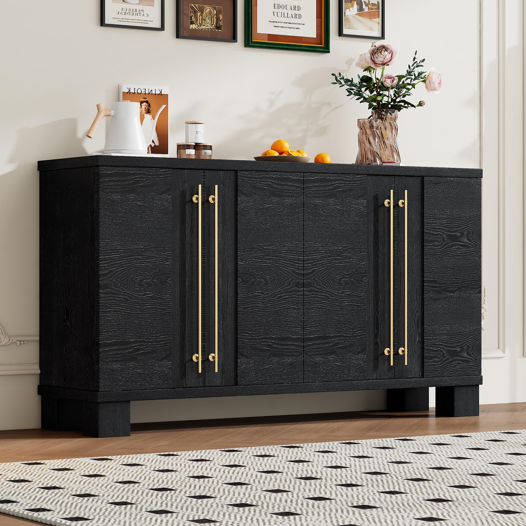 Retro Style Sideboard with Adjustable Shelves, Rectangular Metal Handles and Legs for Kitchen, Living Room or Dining Room (Black)