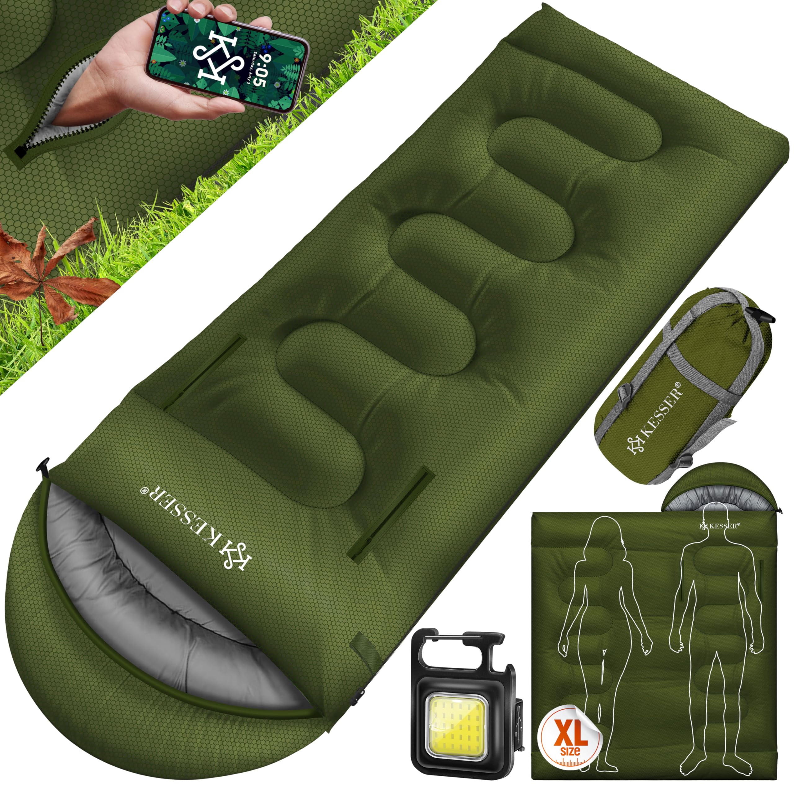 KESSER® Schlafsack Outdoor | Deckenschlafsack 3-4 Jahreszeiten | Camping-Sleeping-Bag für Erwachsene & Kinder | Leicht Tragbar Warm & Wasserabweisend inkl. Campinglampe & Seitentasche