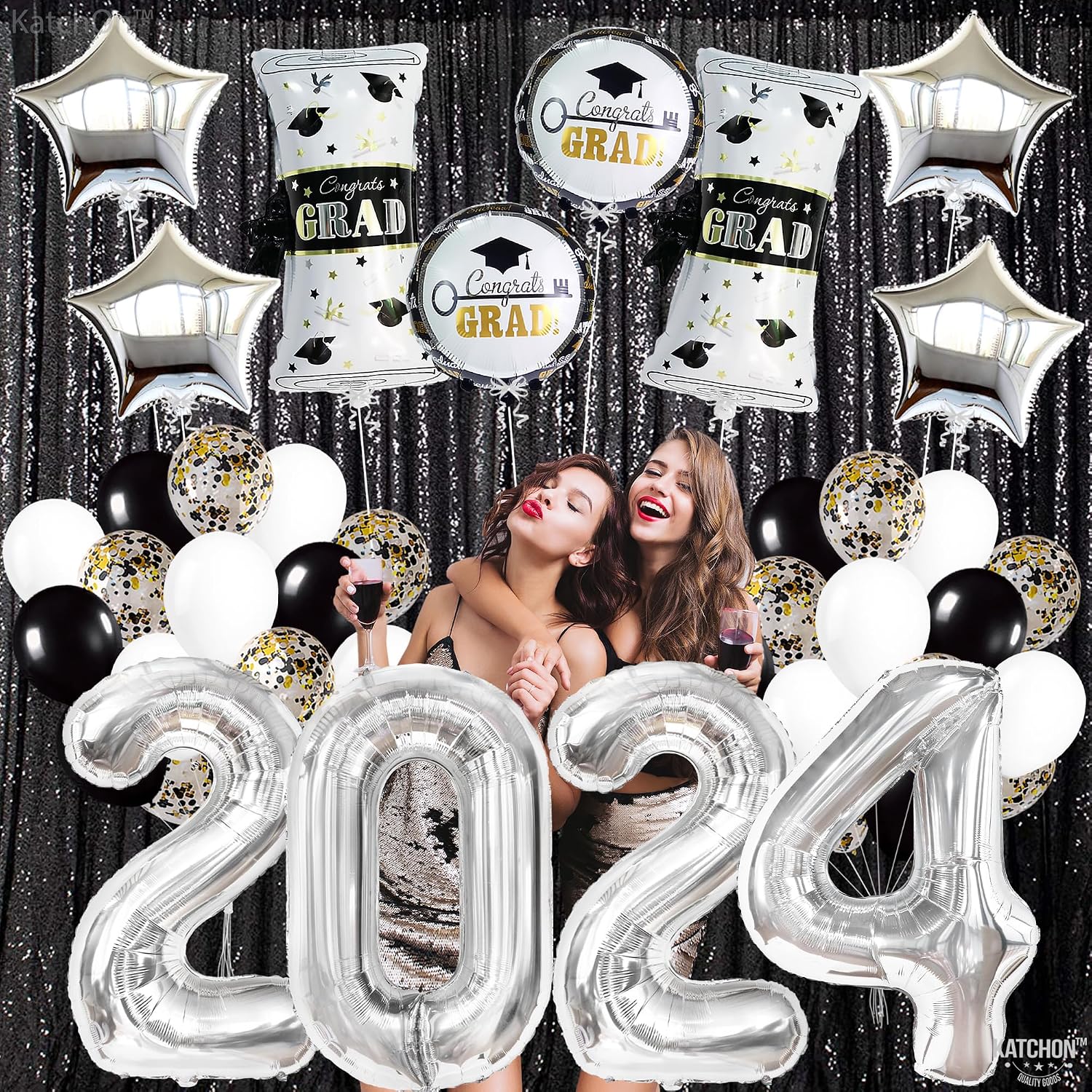 KatchOn, Silver 2024 Balloons Graduation - Pack of 35 | 40 Inch 2024 Balloons, Gold Confetti Balloons | Graduation Balloons for Silver Graduation Decorations | Graduation Decorations Class of 2024