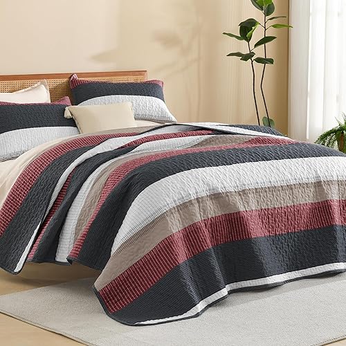 Miniatura 8 de Litanika - Edredón de verano, diseño de retazos a rayas, microfibra suave y ligero para todas las temporadas 3 piezas (1 edredón + 2 fundas de