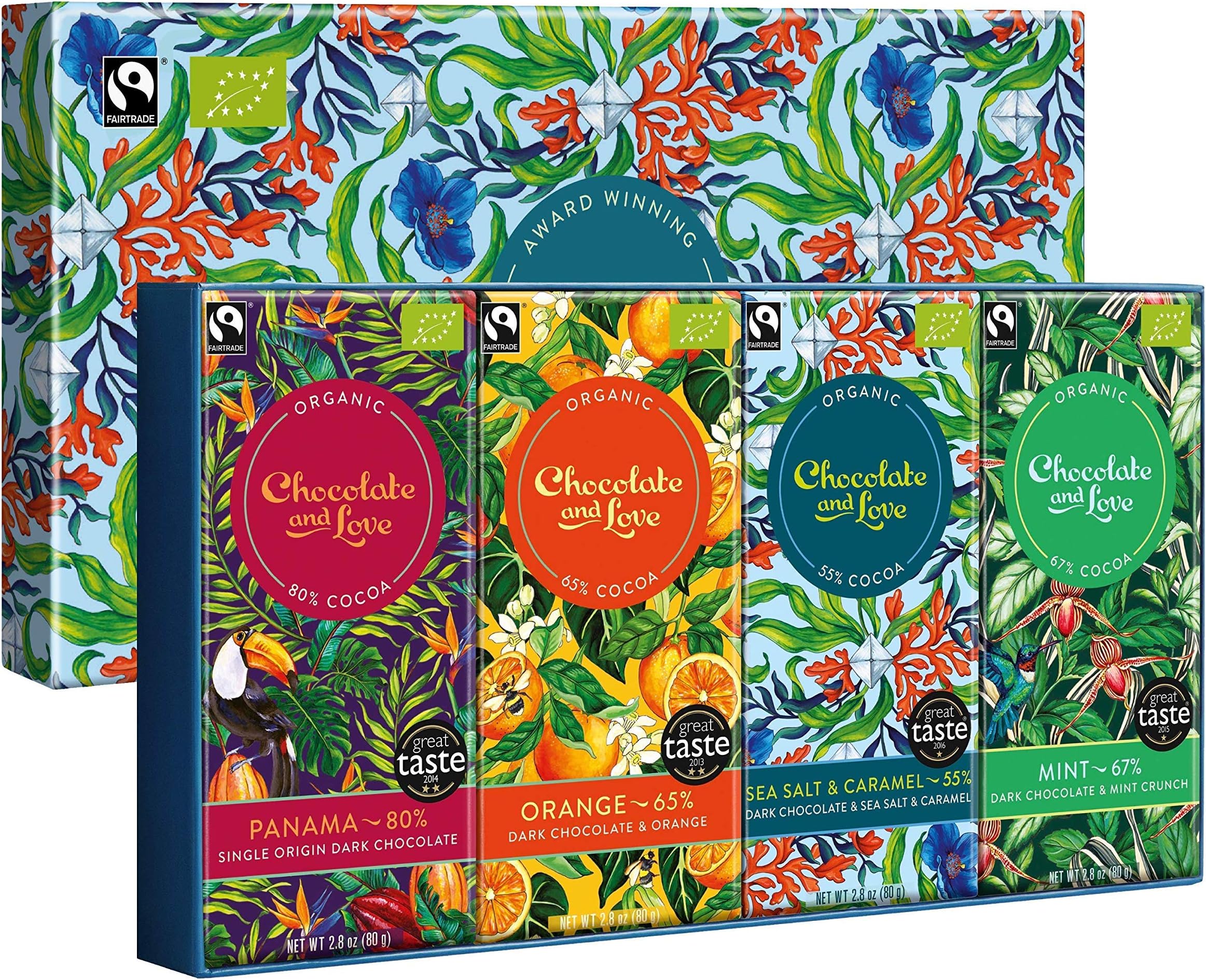 Chocolate and Love | Sea Salt Chocolate Box - Pack of 4 x 80g Bars | Premium, Organic & Fair Trade | Perfect for Special Occasions | Includes Sea Salt and Caramel, Mint, Panama & Orange