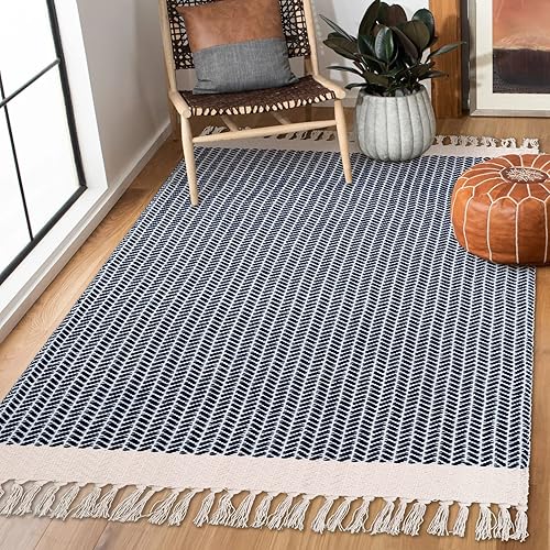 Lahome Boho Bedroom Rug, 3x5 Kitchen Rug Lightweight Rugs for Entryway Living Room Woven Washable Area Rug with Tassels, Farmhouse Navy Blue Throw Rug Non-Shedding Floor Carpet for