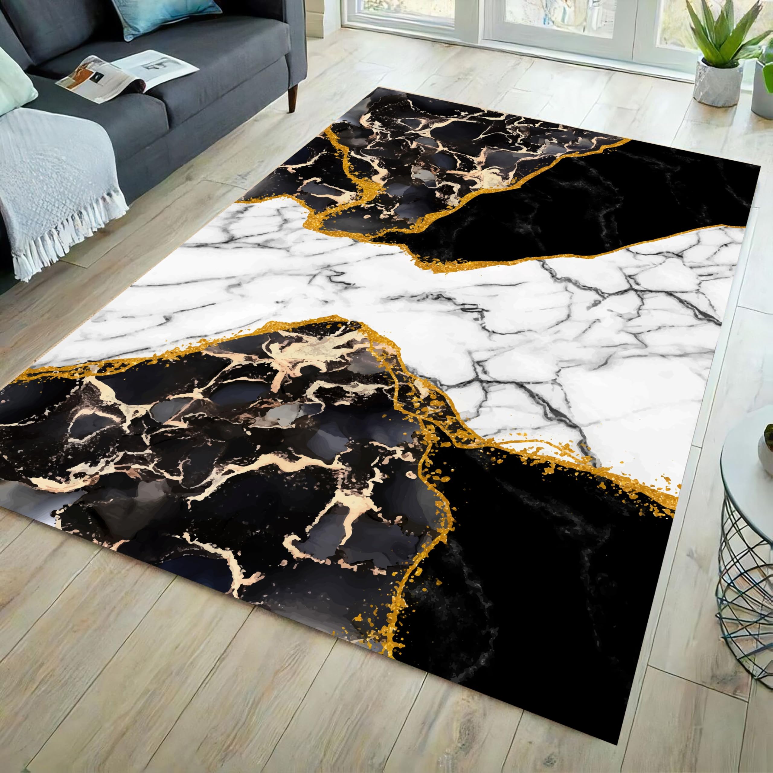 Black White and Gold Rug, 6x8ft - Artistic Non-Slip Washable Carpet, Low Pile Soft Modern Home Decor Rug for Living Room Bedroom Kitchen Entryway