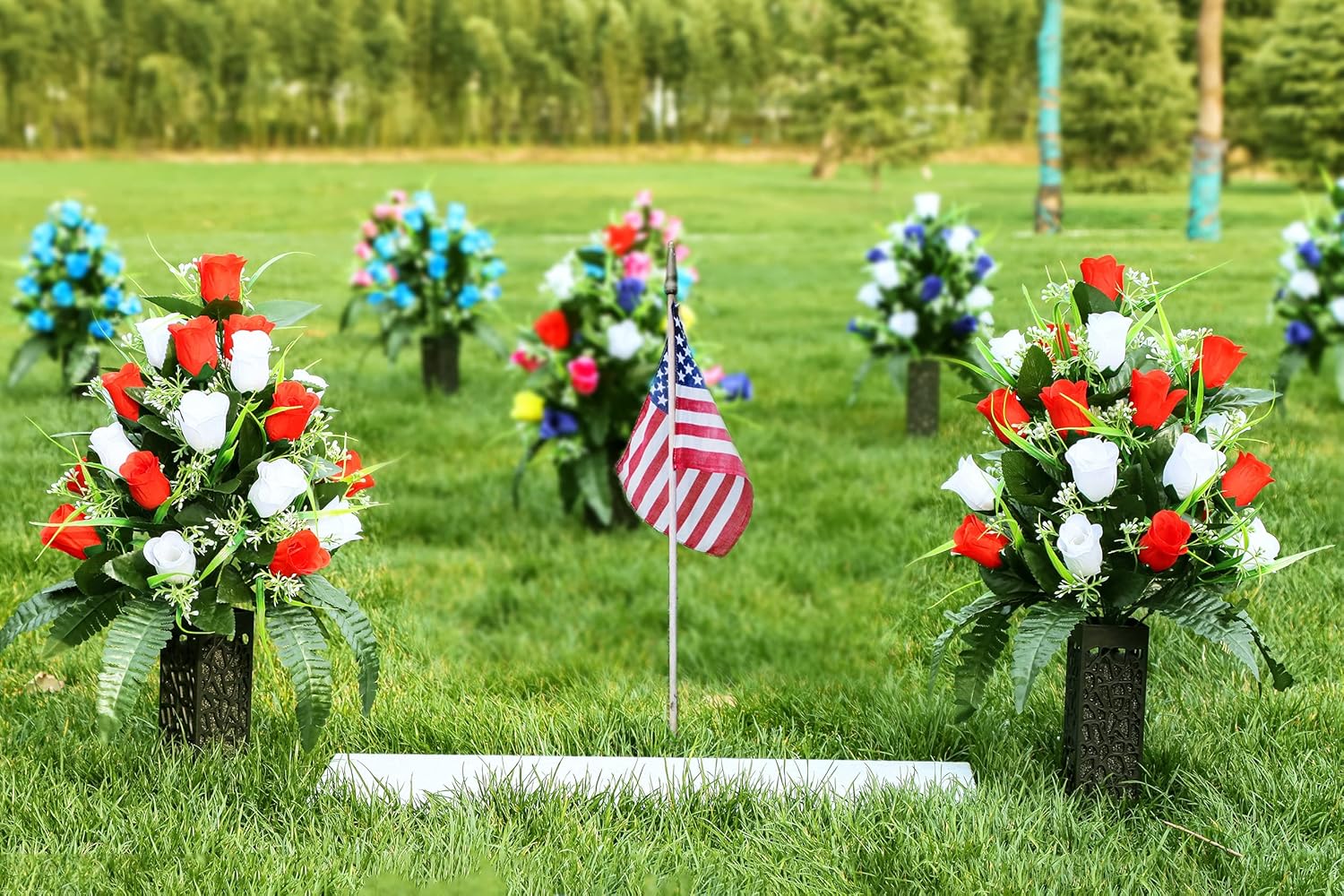 LVXINLI 2 Sets Artificial Cemetery Flowers,Outdoor Grave Decorations Roses,Beautiful Arrangements Bouquet with Cemetery Vase,Lasting and Non-Bleed Colors (White+Red)
