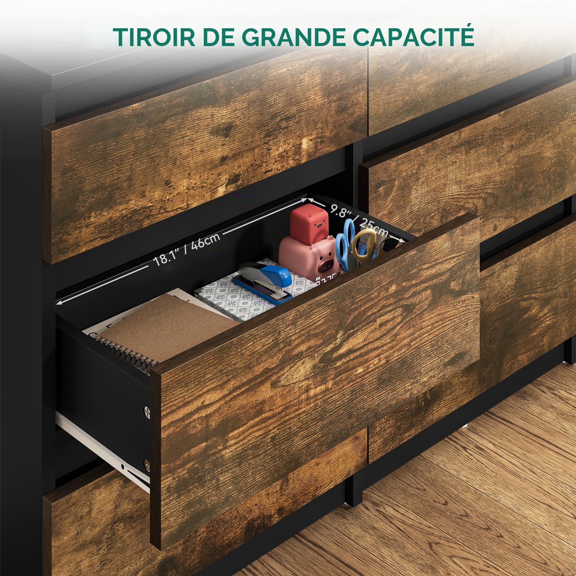 YITAHOME Commode à 6 tiroirs en Bois pour Chambre à Coucher, Table de Chevet Moderne, 100 x 30 x 70 cm, Noir Rustique