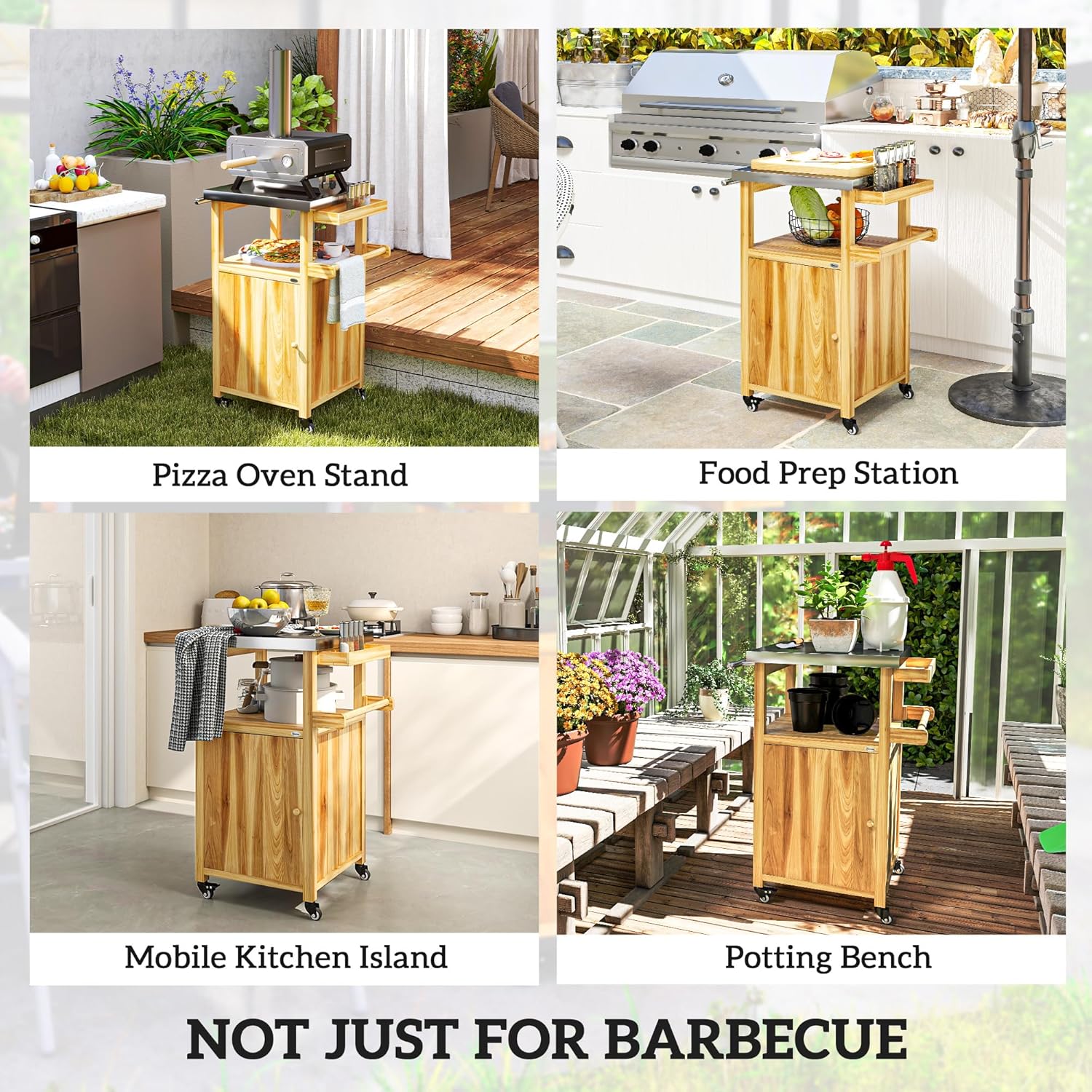 Outsunny Outdoor Grill Cart with Wheels, Stainless Steel Top, Solid Wood Outdoor Kitchen Island with Storage Cabinet, Integrated Hole, Movable Bar Cart with Spice Rack, Side Handle for BBQ, Natural