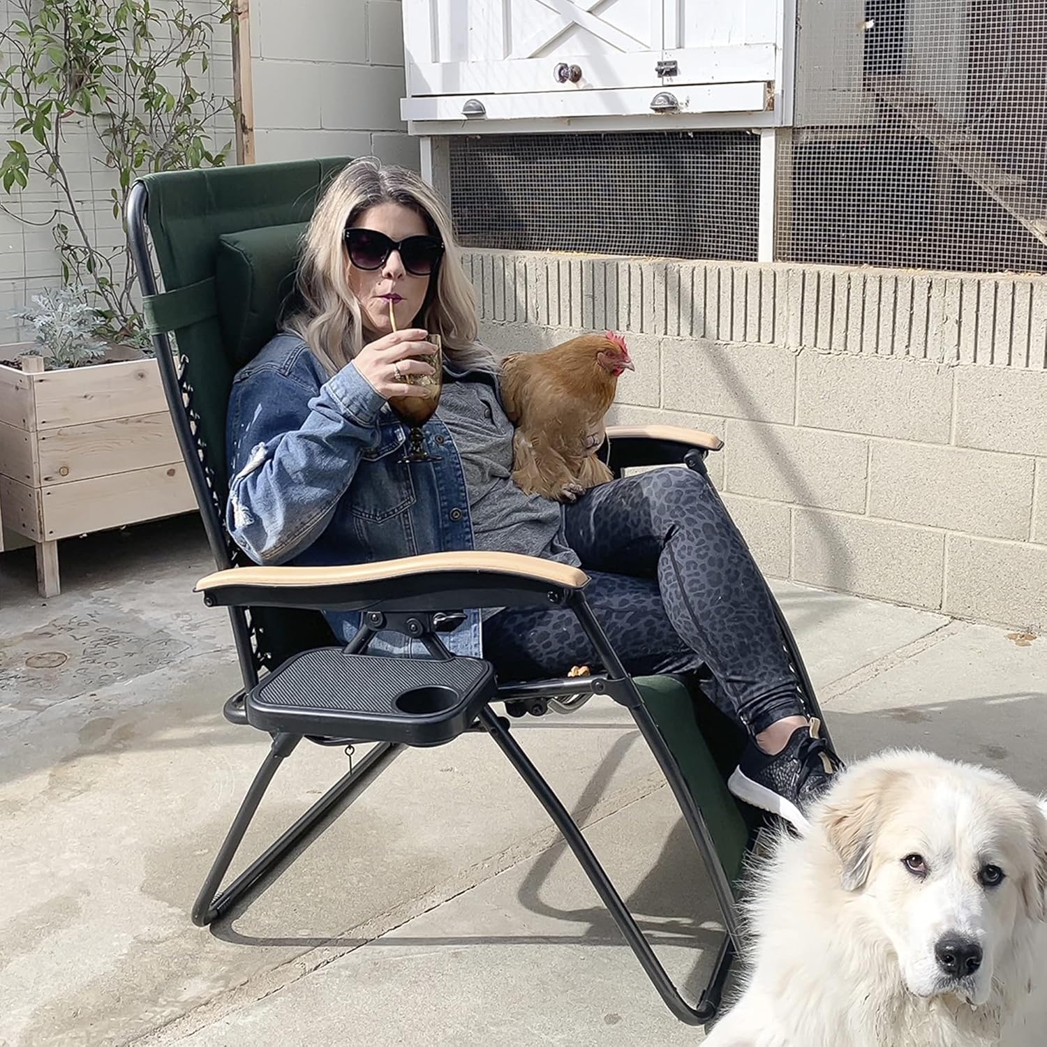 Coastrail Outdoor Zero Gravity Chair Premium Wood Armrest Padded Comfort Folding Patio Lounge Adjustable Recliner with Cup Holder & Side Table, 400lb Capacity, Green/Black : Patio, Lawn & Garden