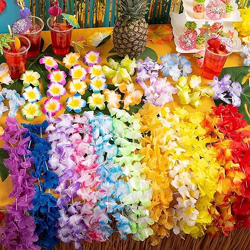Miniatura 7 de JOYIN Juguete de 12 unidades de leis hawaianos a granel, flor tropical Lei hawaiana Lei playa Hawaii Luau recuerdos de fiesta decoración suministros
