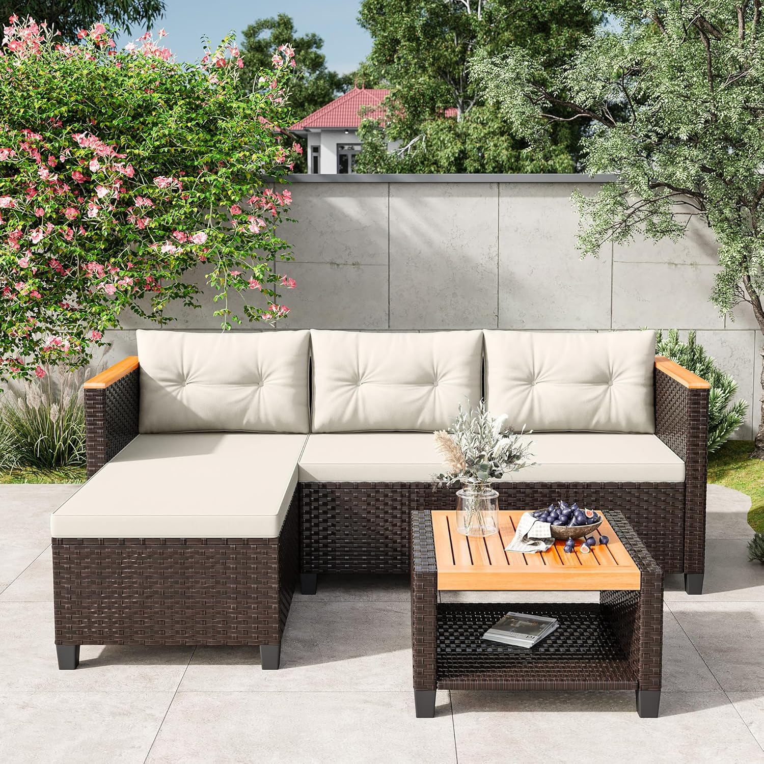 Wisteria Lane Small Patio Furniture Set, All-Weather Wicker Outdoor Sectional with Cushions, L Shape Outdoor Couch with Storage Table, 3 Piece PE Rattan Patio Furniture for Balcony, Beige
