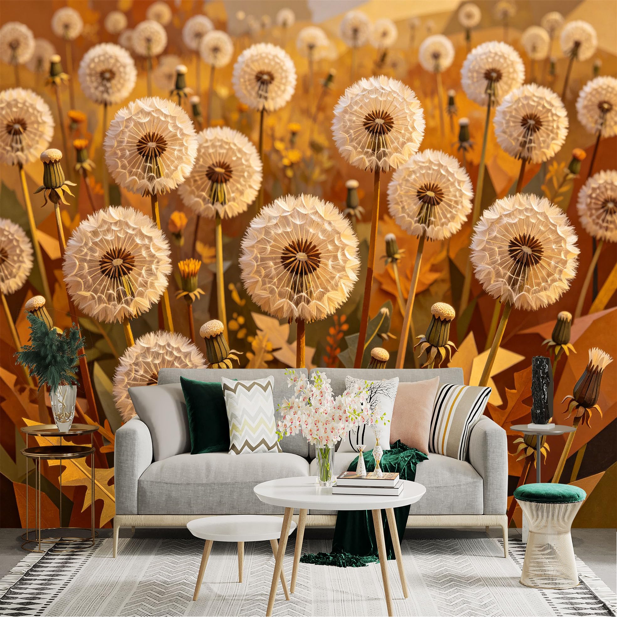 Custom Size Wall Sticker Mural， Golden Dandelion Seeds， Fluffy Floral Meadow， Abstract Nature Art， Warm Sunset Hues， for wall Decoration， peelandstick wall Decals.