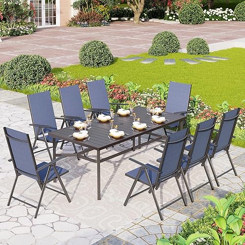 Miniatura 18 de PHI VILLA Juego de comedor de patio de 9 piezas, muebles de patio al aire libre con sillas plegables portátiles ajustables para patio (gris) y mesa