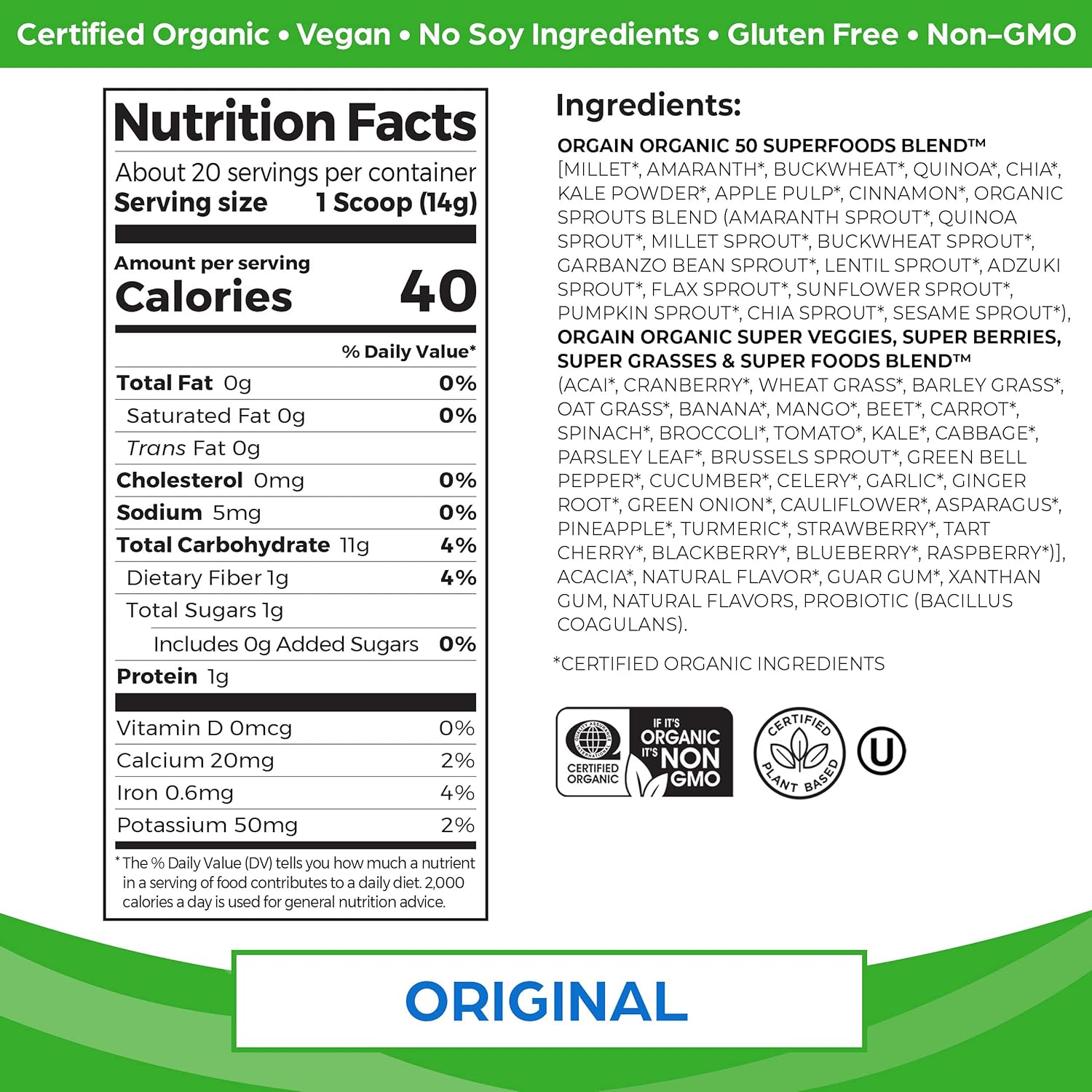 Orgain Organic Green Superfoods Powder, Original - Antioxidants, 1 Billion Probiotics, Vegan, Dairy Free, Gluten Free, Kosher, Non-GMO, 0.62 Pound (Packaging May Vary) : Health & Household