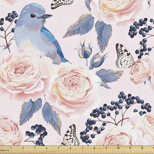 Ambesonne Material de tela vintage de The Yard, flores de peonía pastel y un pájaro pequeño, decoración de mariposas, paño para tapicería de