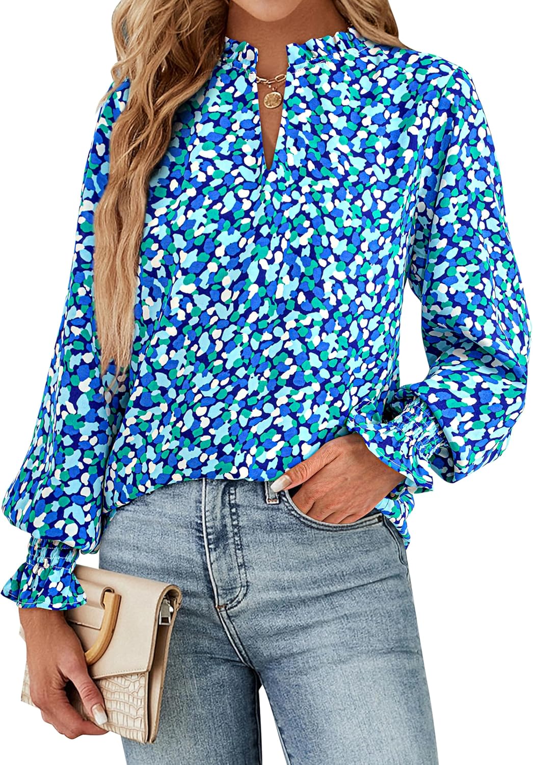 MASCOMODA Womens V Neck Floral Long Sleeve Tops 2026 Summer Casual Loose Puff Sleeve Chiffon Boho Work Blouse Dressy T Shirts - Image 4