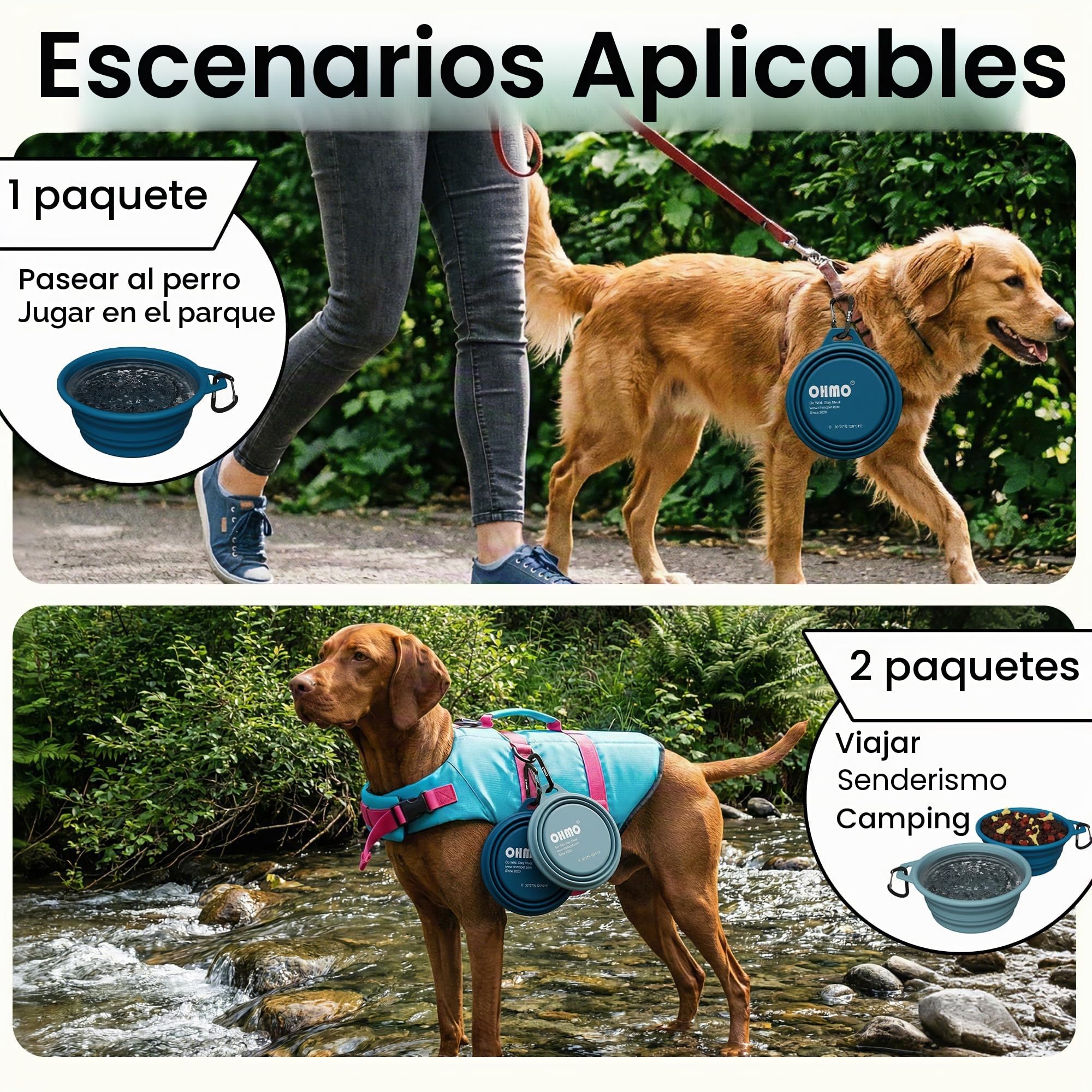 OHMO Bebedero Perro Portátil con Anillo de Acero Inoxidable Integrado (800ml, Azul Pavo Real), Cuenco Plegable de Agua de Silicona para Perros Medianos y Grandes, Cuencos Portátiles de Viaje Plegables