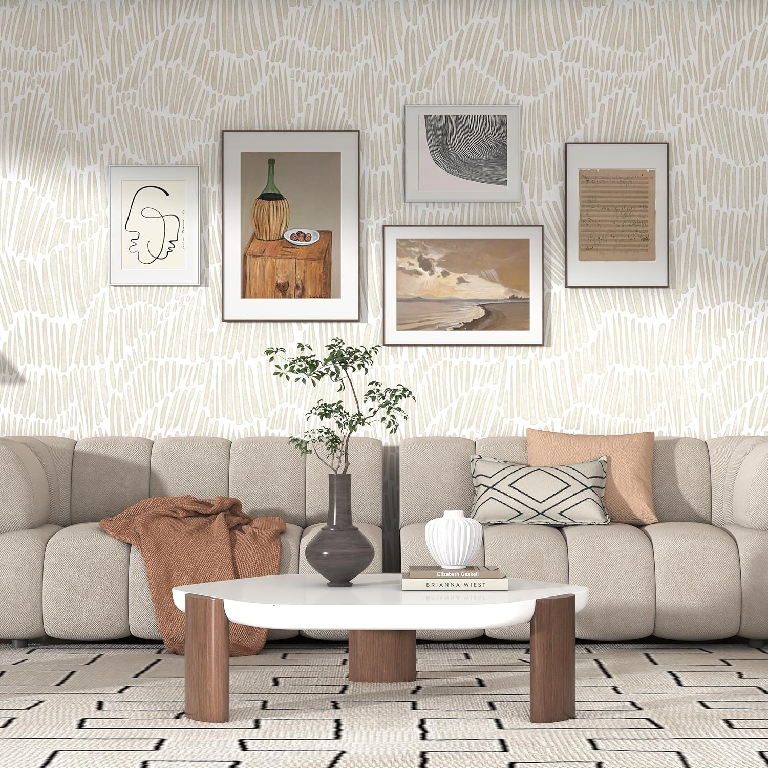 Beige Wallpaper 17.3"×393" Modern Striped Wallpapers Peel and Stick Wallpaper Vinyl Boho Removable Self Adhesive Wallpaper for Bedroom Waterproof Wall Paper White and Gold Contact Paper