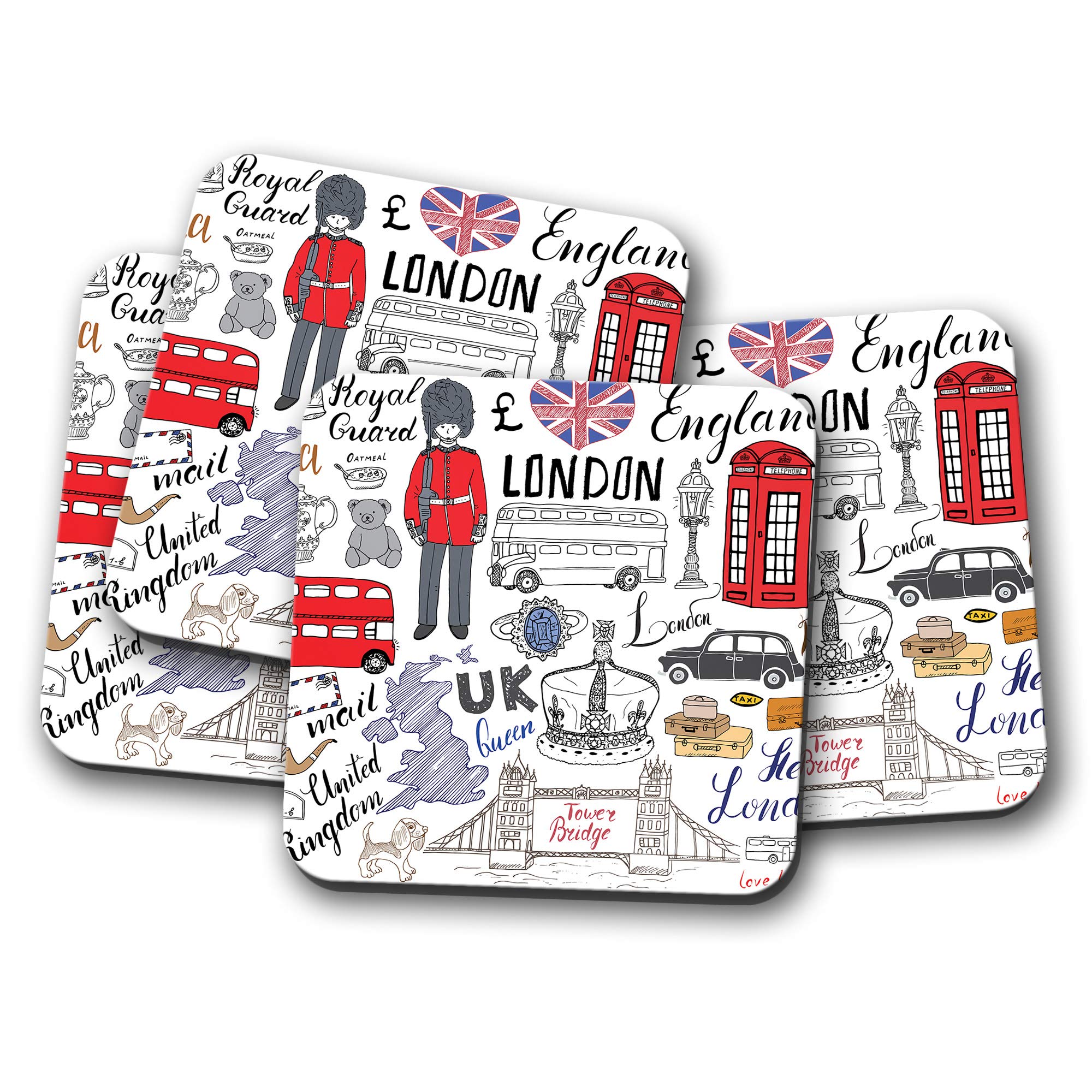 Destinationvinyl Multicolor 4 Set - London England Coaster - British Uk Red Bus Tower Bridge Fun #14906