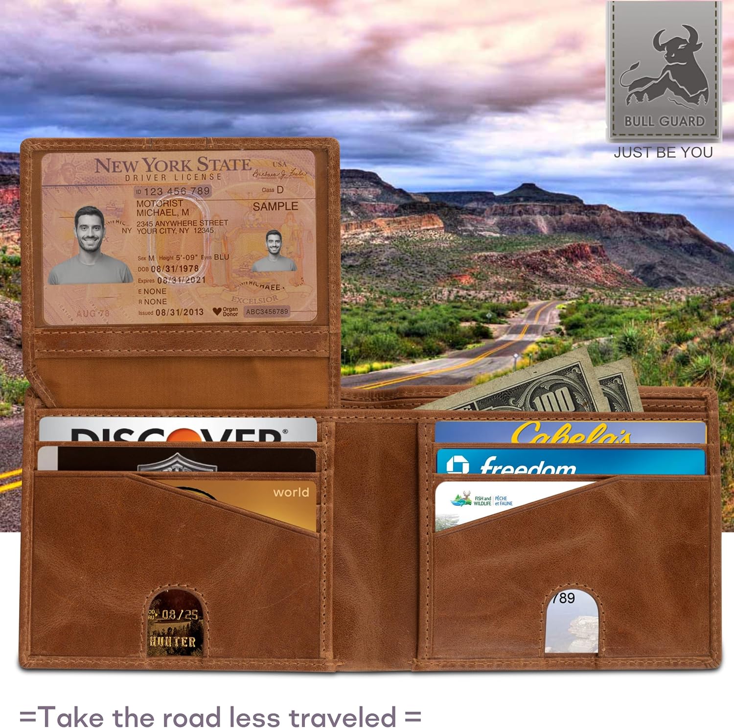 Mens Leather Wallet Bifold with ID Window and RFID Blocking Secure and Durable Extra Capacity Billfold with 11 Credit Cards In Wild Buck Tan image 3