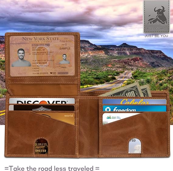 RFID Bifold Leather Wallet for Men with Flip Up ID in Vintage Buffalo Brown, Adventure Brown - Wild Buck Tan, 3.5 x 4.5, Modern
