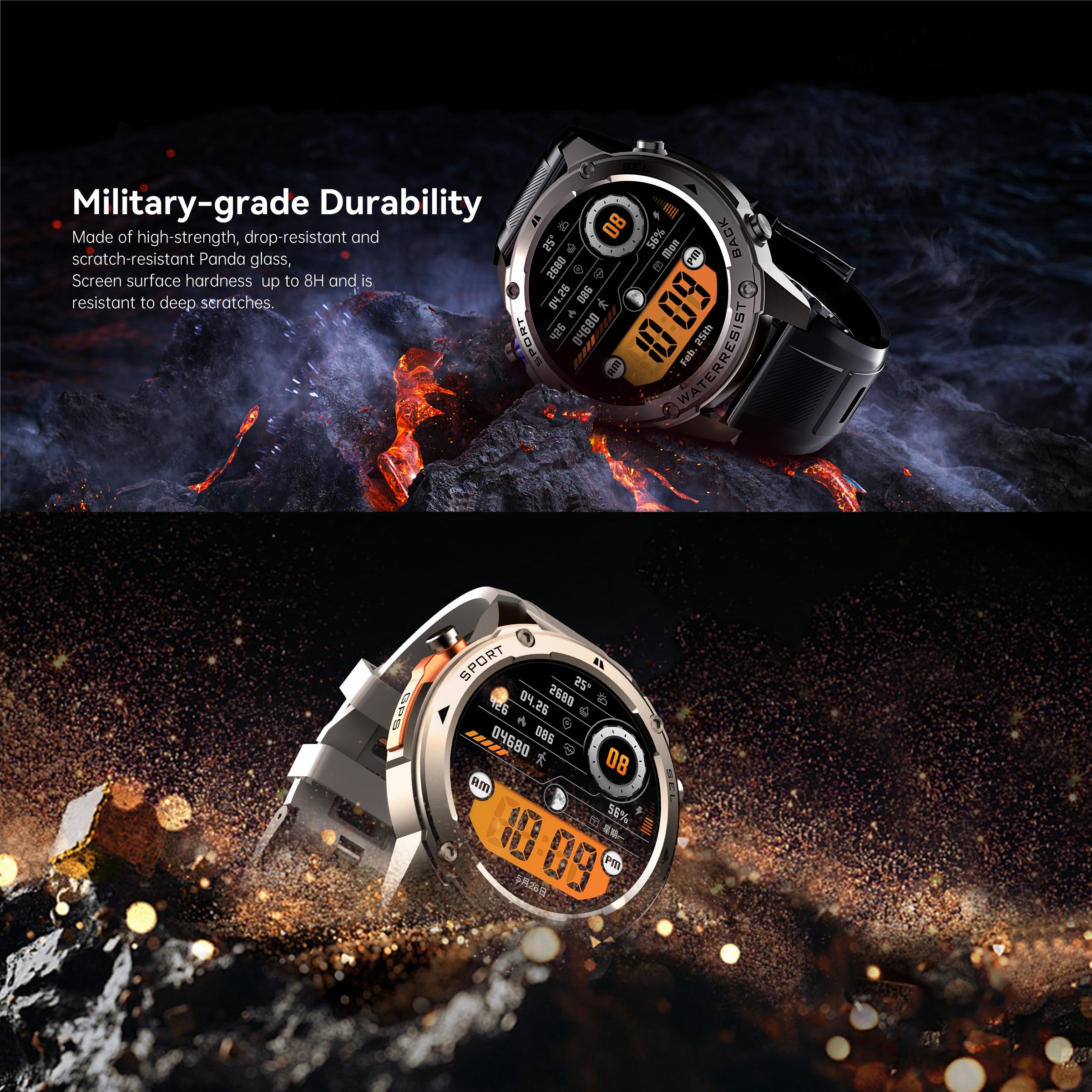 Orologio intelligente con GPS, orologio da corsa, stile militare, con Bluetooth, cardiofrequenzimetro, contapassi, barometro, bussola, per telefoni Android e iOS