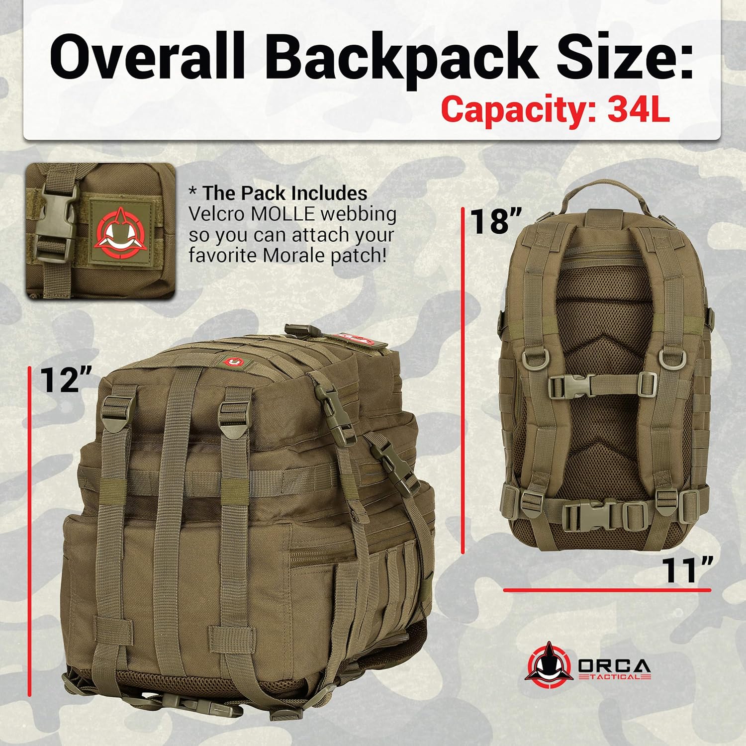 ORCA 34L Military Tactical Backpack – Heavy Duty Waterproof Rucksack for Camping, Hiking & Survival, 600D Polyester (OD Green)