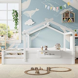 Queen Size House-Shaped Bed with Guardrails and Roof, Wood House Floor Bed with a Small Built-in Tray and Free-Installed Signboard, Childlike Design (White-20F)