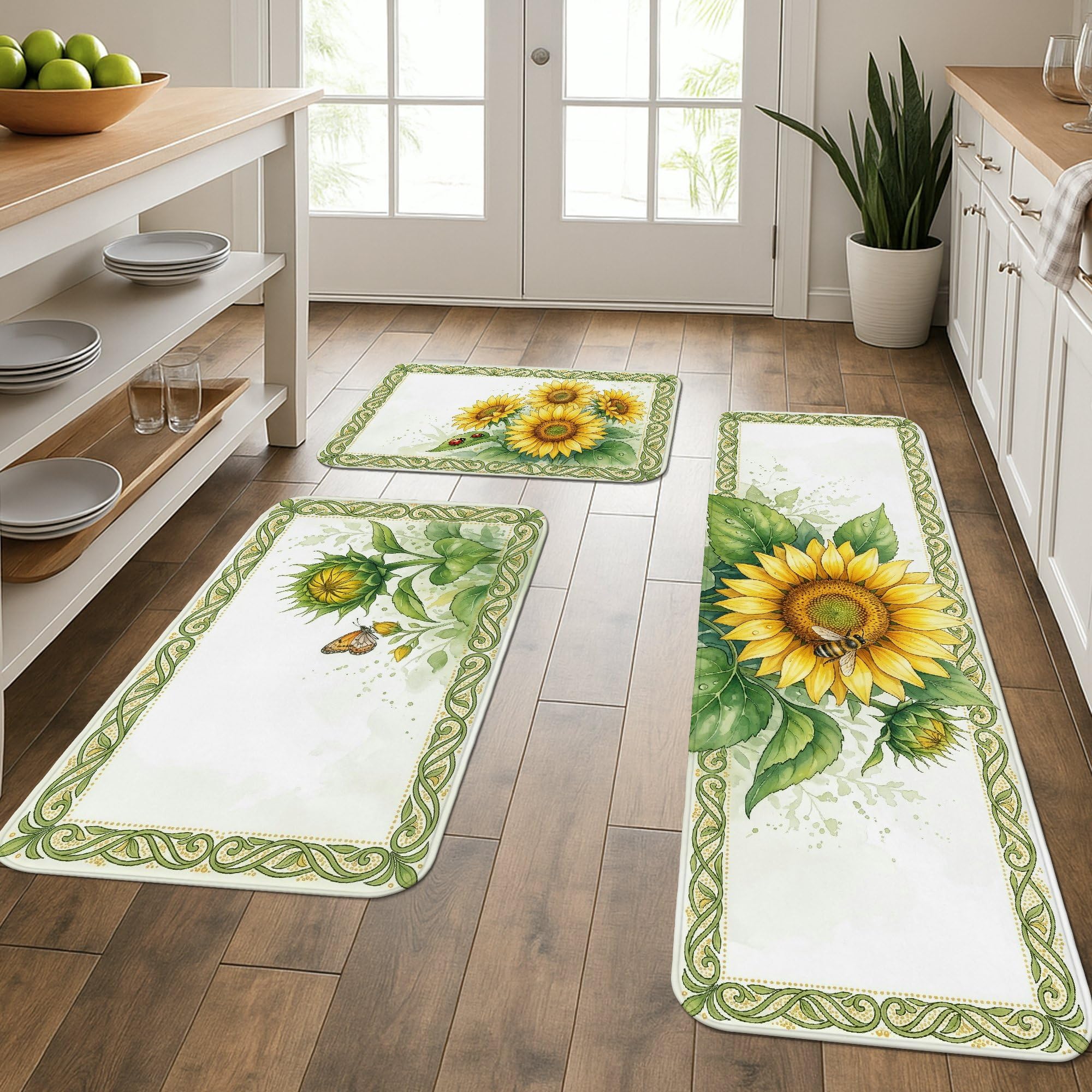 Tapis de cuisine rembourré et lavable lot de 3 motif tournesol