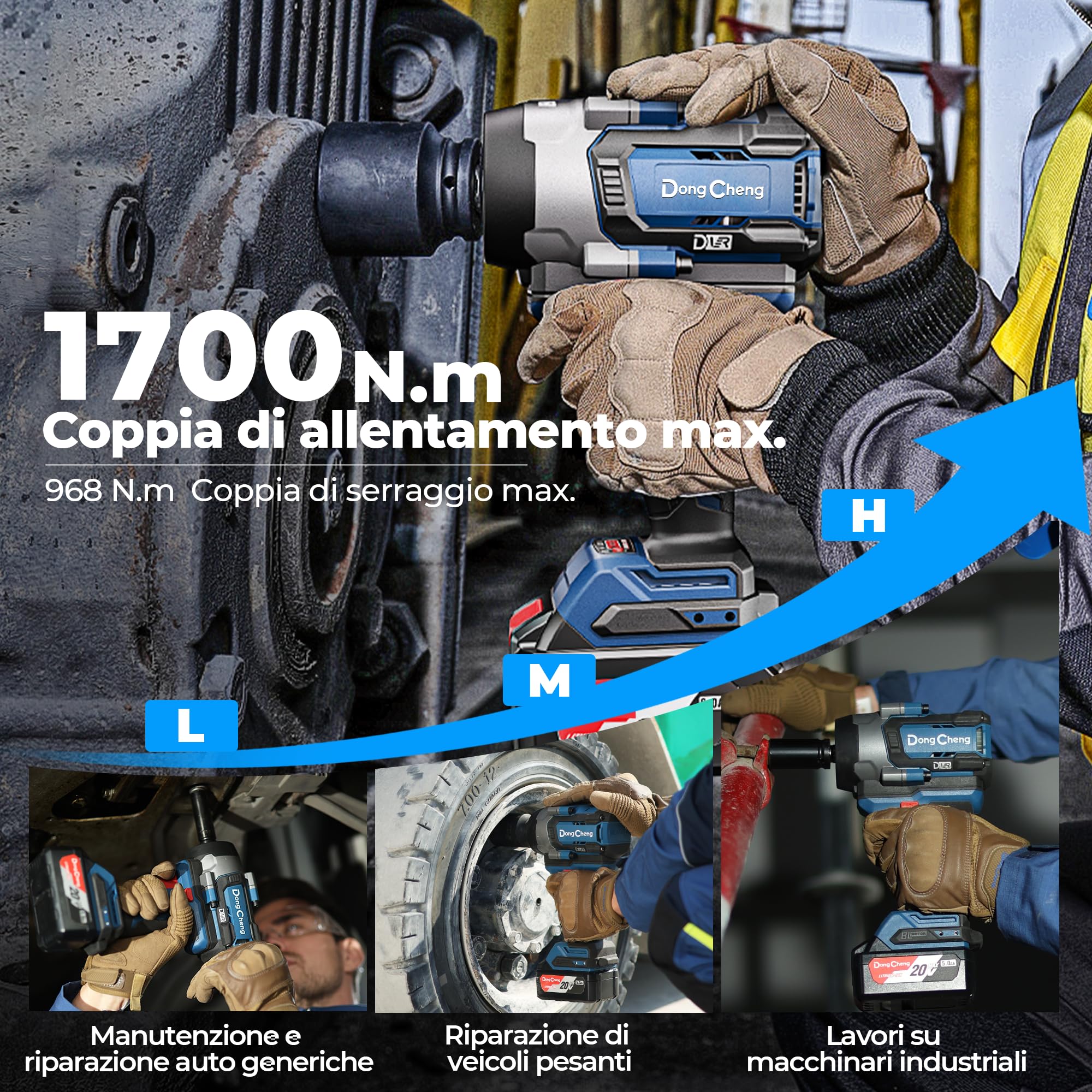 Dong Cheng Chiave a impulsi senza fili Brushless 1/2", 1700 Nm, 3 vel. 0-1900 giri/min, 2x5,0Ah + carica rapida + 3 bussole, per bulloni arrugginiti M10-M24