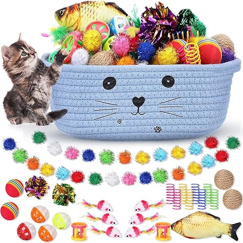 Miniatura 11 de Zopeal Juego de 58 cestas de almacenamiento para gatos para el día de San Valentín, bolas coloridas intermitentes para mascotas, bolas arrugadas,